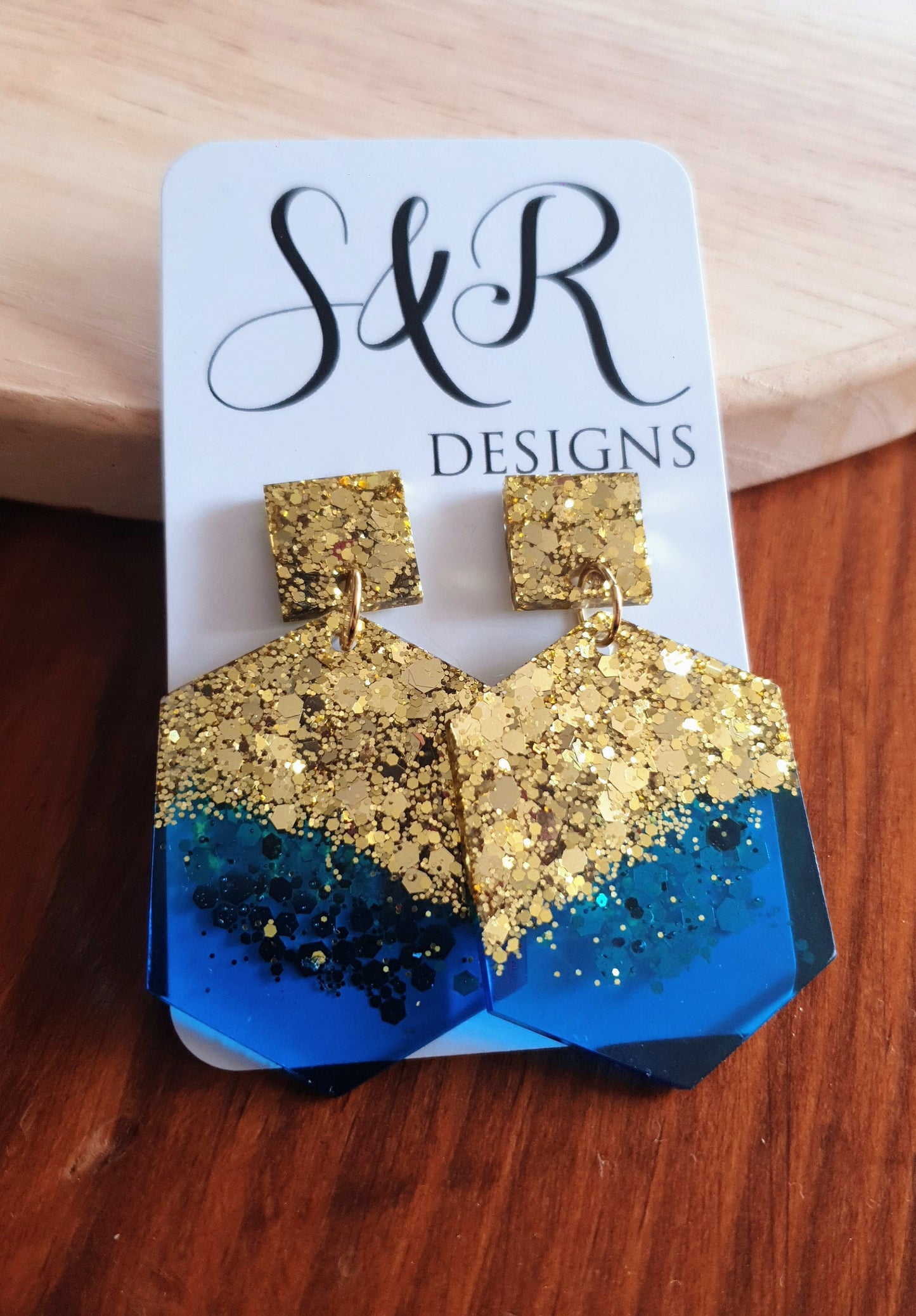 Brilliant Blue Hexagon Square Dangle Drop Earrings, Blue Resin with Gold Glitter Handmade Post Earrings, Statement Earrings, Jewellery Lover
