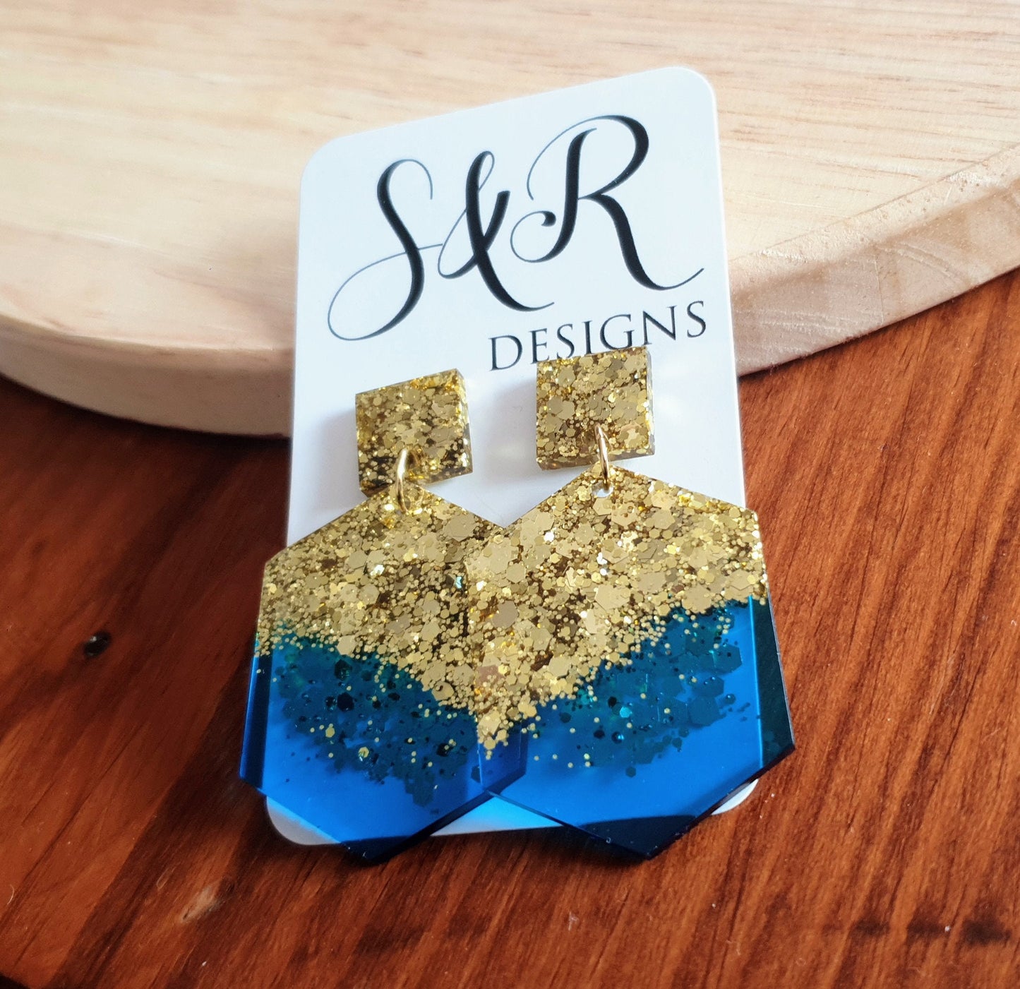 Brilliant Blue Hexagon Square Dangle Drop Earrings, Blue Resin with Gold Glitter Handmade Post Earrings, Statement Earrings, Jewellery Lover