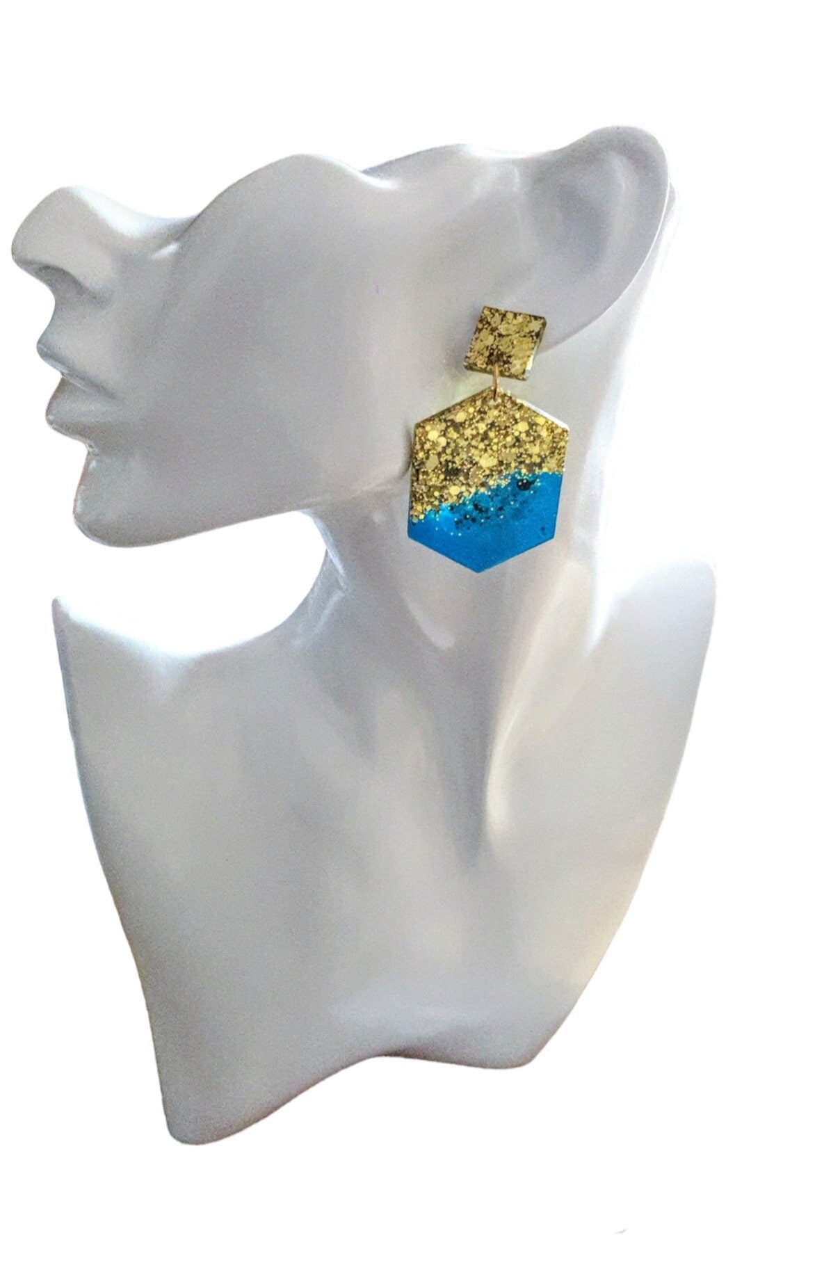 Brilliant Blue Hexagon Square Dangle Drop Earrings, Blue Resin with Gold Glitter Handmade Post Earrings, Statement Earrings, Jewellery Lover