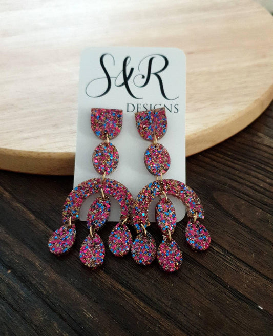 Large Oversized Chandelier Dangle Earrings, Hot Pink, Blue, Gold Glitter Dangles, Statement Long Earrings