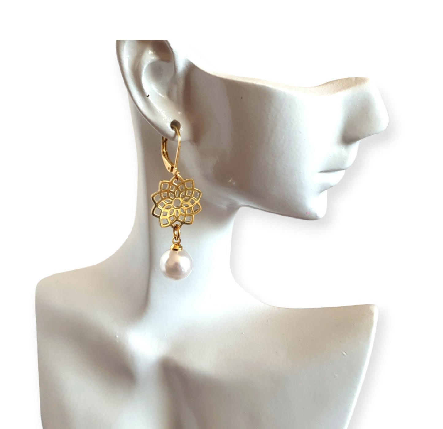 Gold Flower with Faux Pearl Leverback Earrings, Stainless Steel Statement Dangle Drop Minimalist Earrings. Pearl Drops.