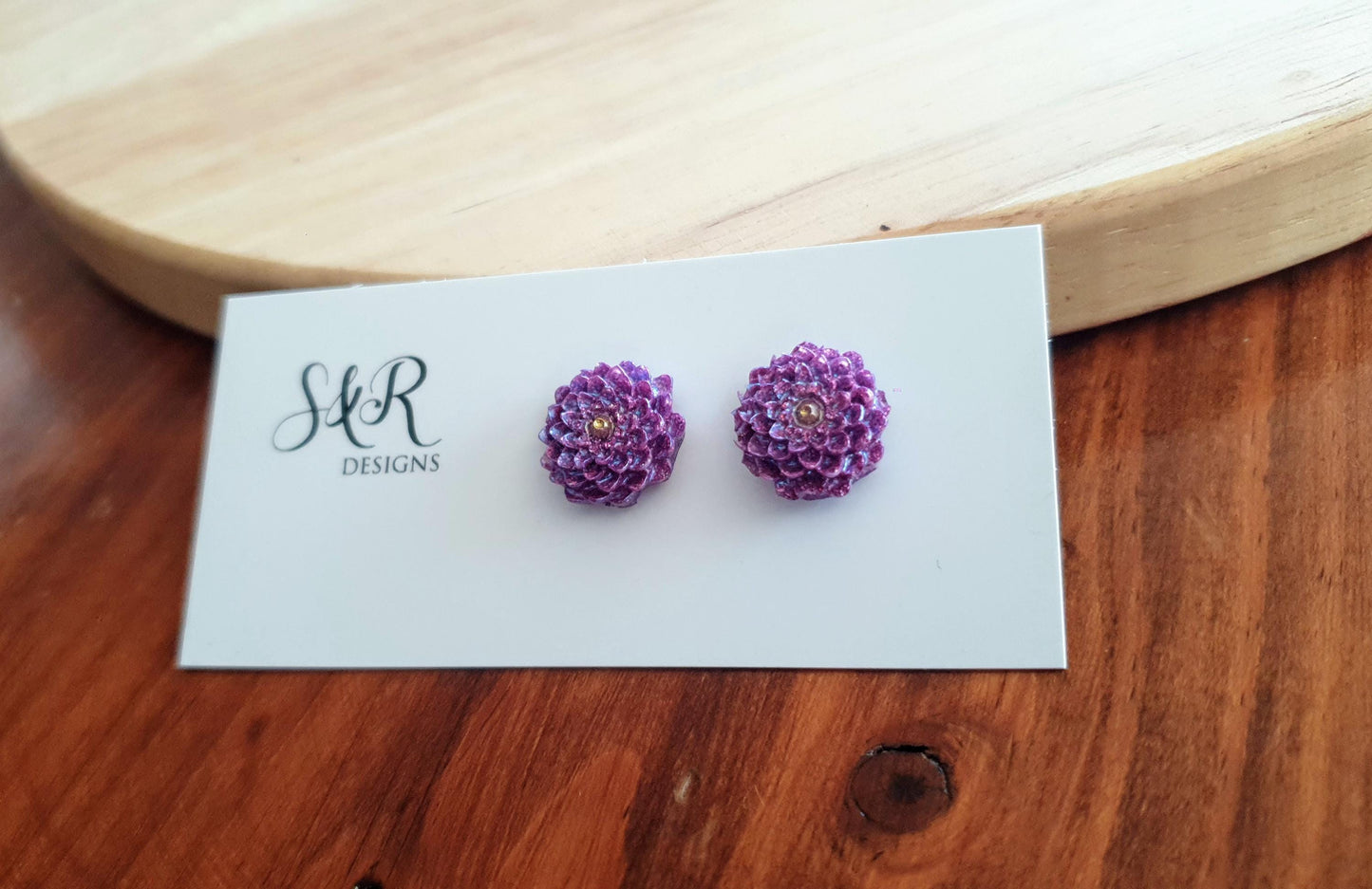 Flower Stud Earrings, Purple Chrysanthemum Flower Studs, Purple mix and Gold Resin, Stainless Steel Earrings