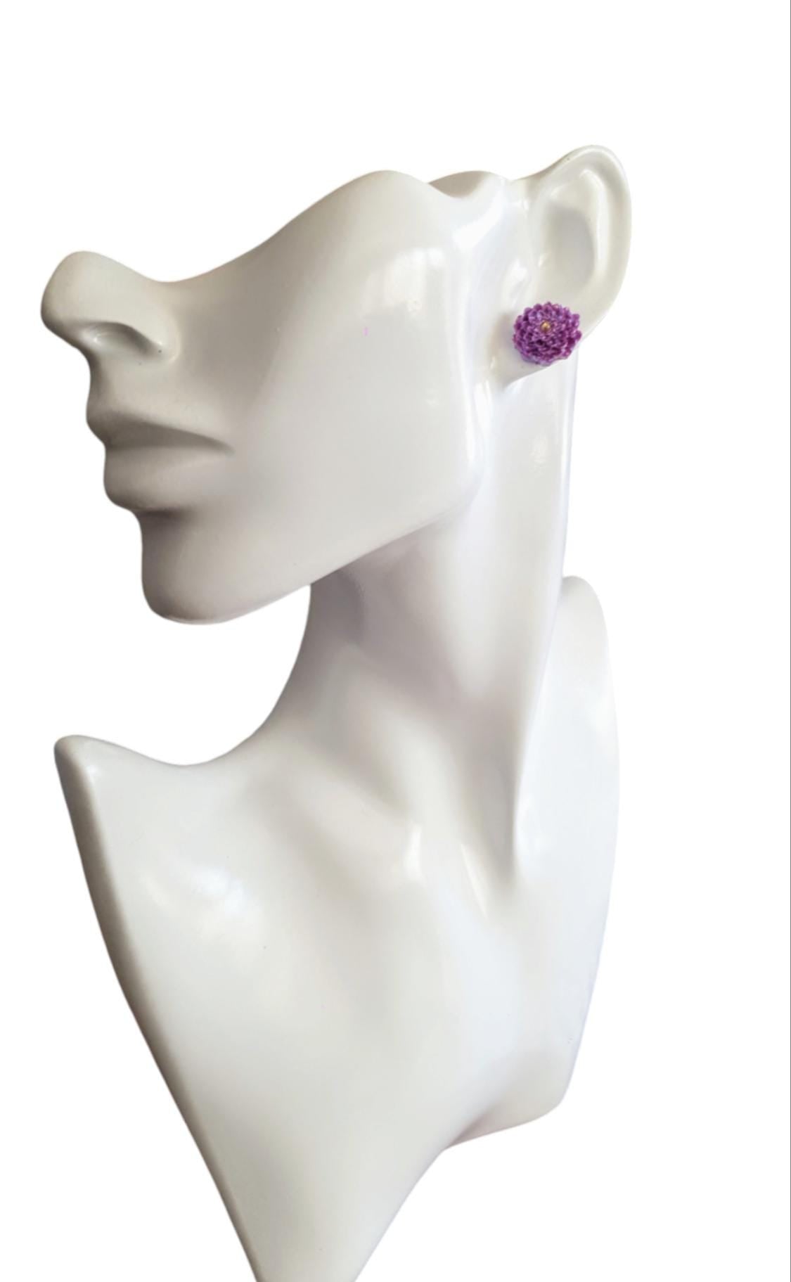 Flower Stud Earrings, Purple Chrysanthemum Flower Studs, Purple mix and Gold Resin, Stainless Steel Earrings