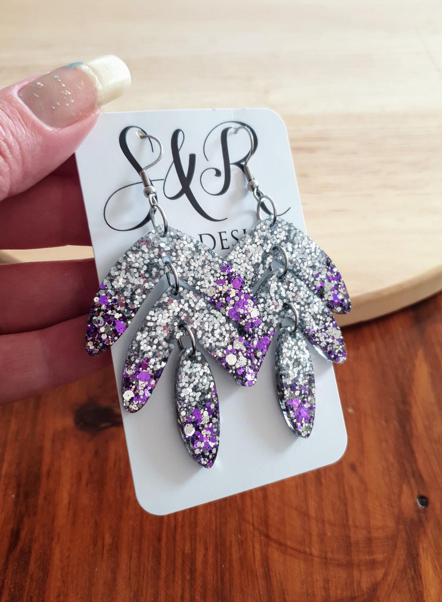 Statement Leaves Long Drop Hook Earrings. Purple Silver Glitter Resin Dangles, Stunning Chandelier Earwire Dangles