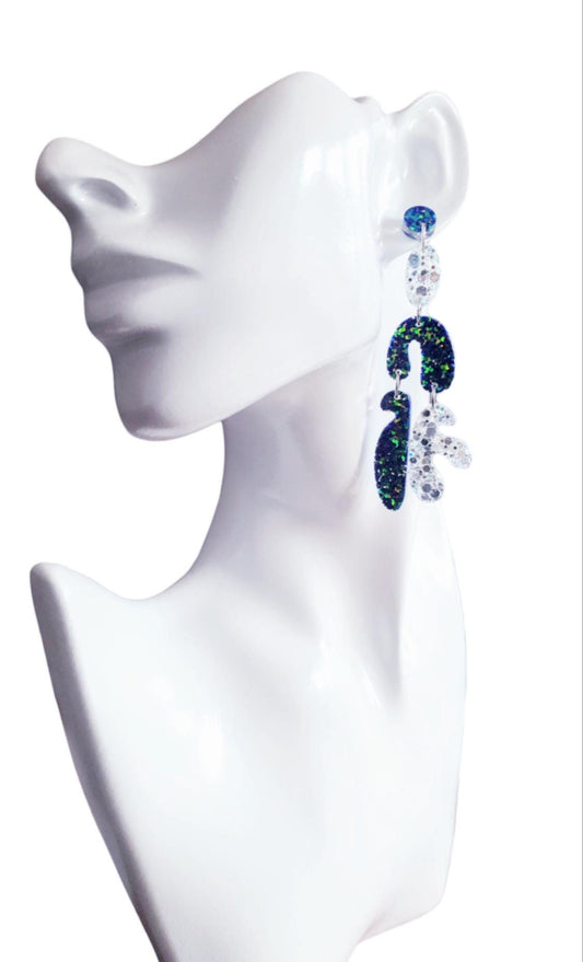 Unique Multicoloured Multi Shape Dangle Long Drop Earrings, Blue Green Chameleon White Glass  Mix Glitter, Statement Handmade Resin Earrings