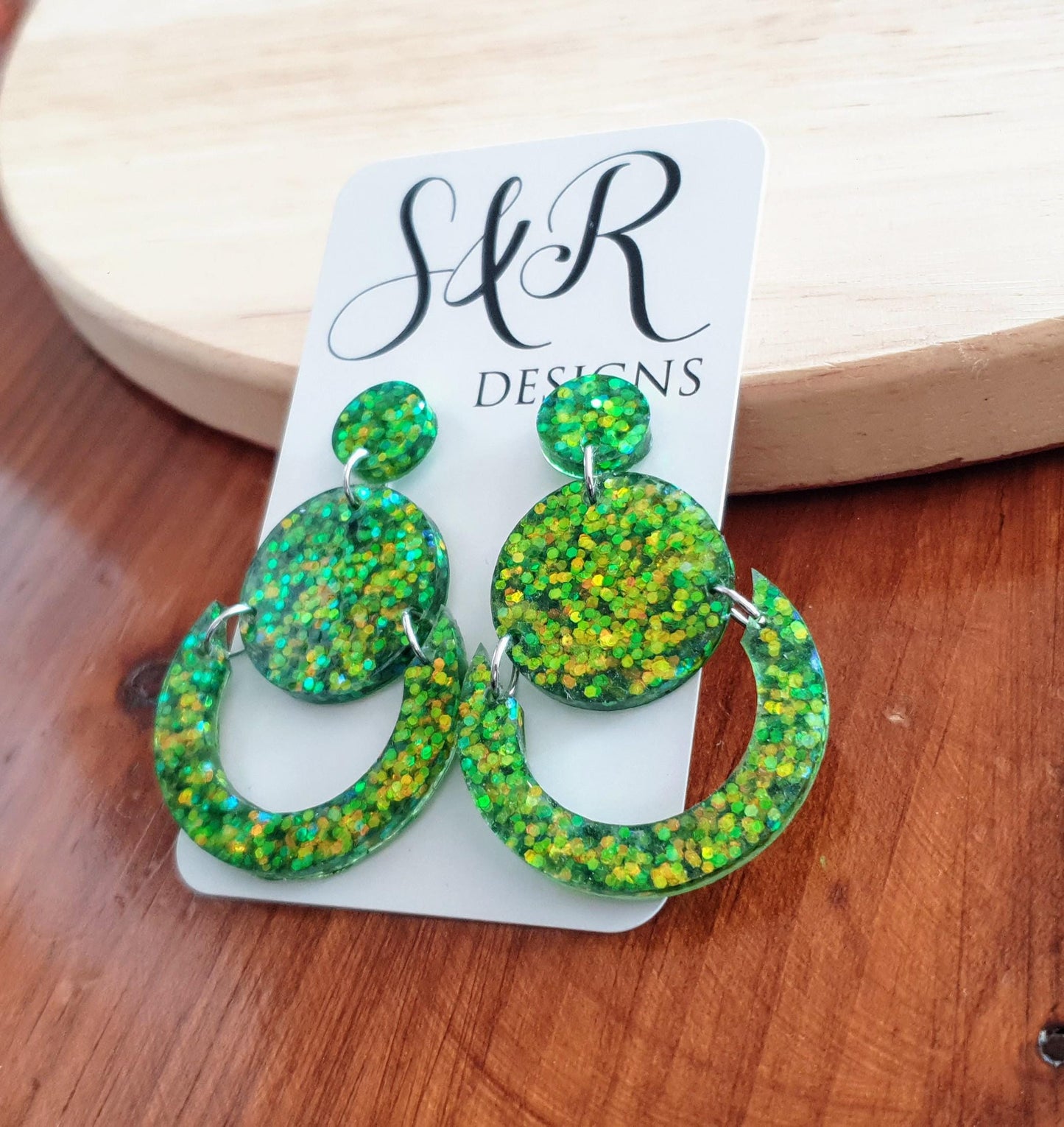 Green Gold Circle Dangle Drop Earrings, Glitter Circle Geometric Dangles, Statement Earrings