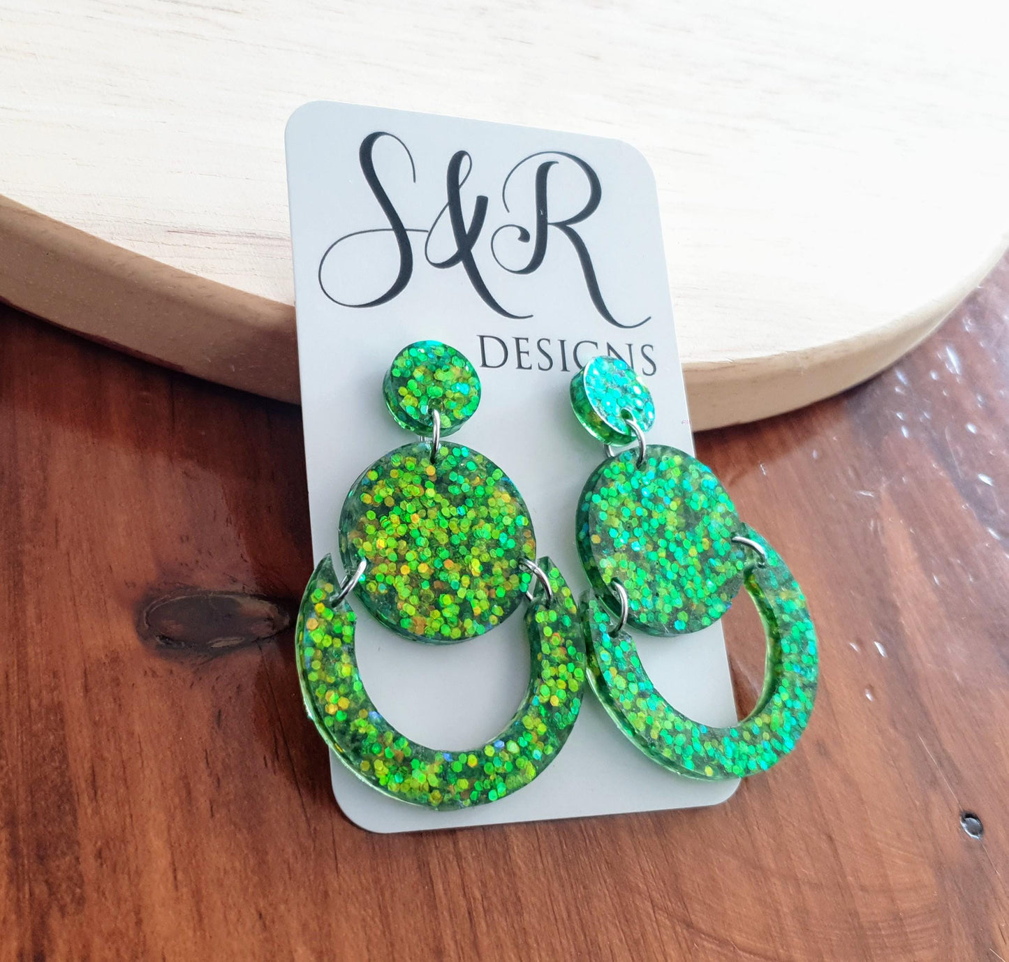 Green Gold Circle Dangle Drop Earrings, Glitter Circle Geometric Dangles, Statement Earrings