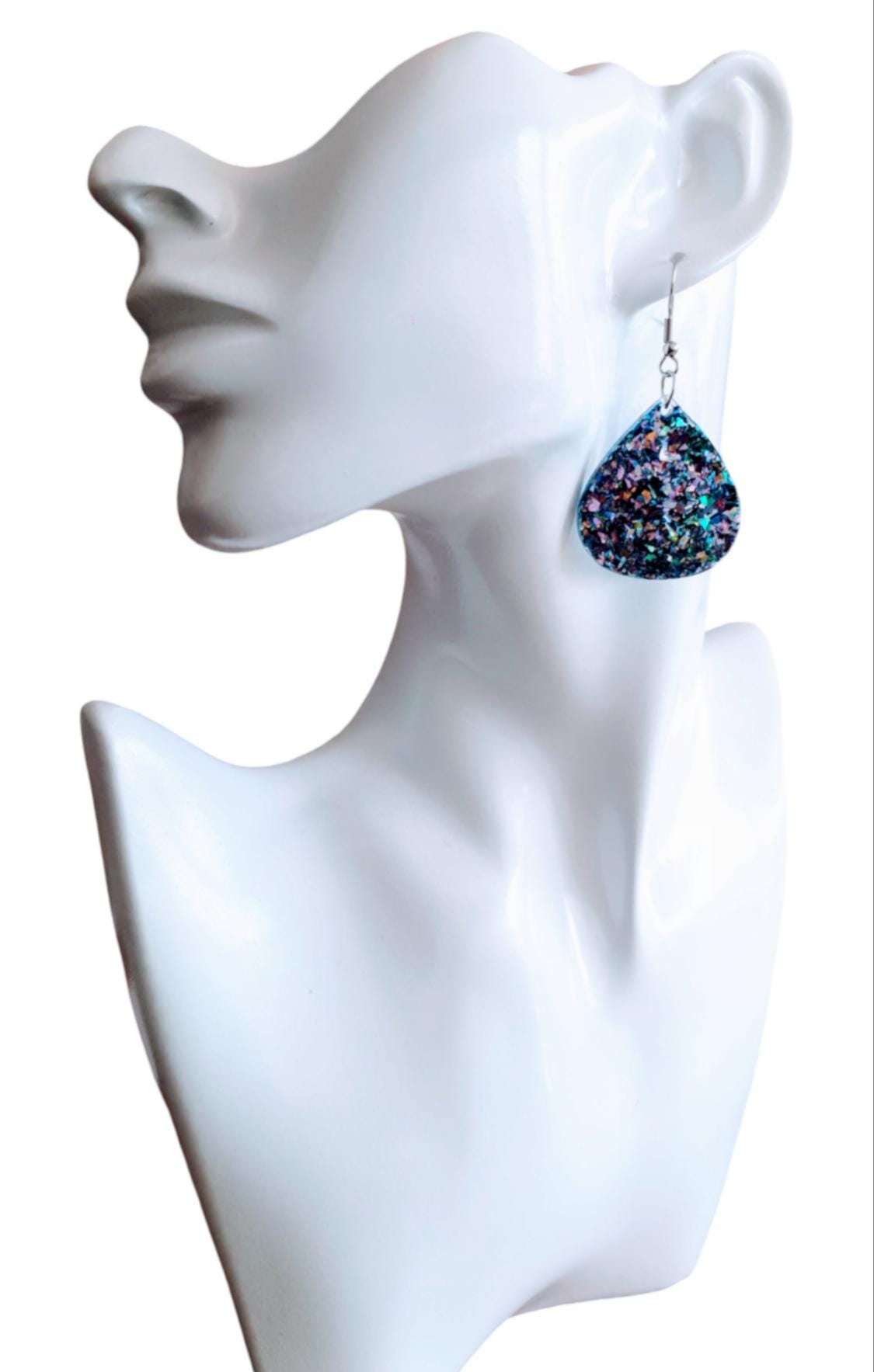 Blue Chameleon Teardrop Earwire Earrings, Glitter Changing from Blues to Pinks, Geometric Dangles, Statement Earrings