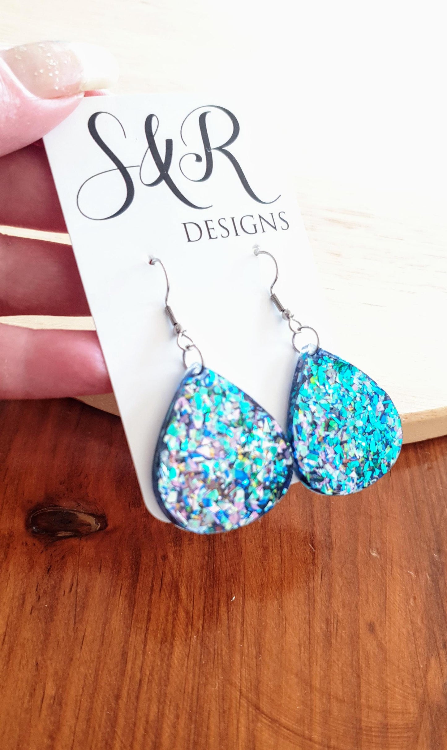 Blue Chameleon Teardrop Earwire Earrings, Glitter Changing from Blues to Pinks, Geometric Dangles, Statement Earrings