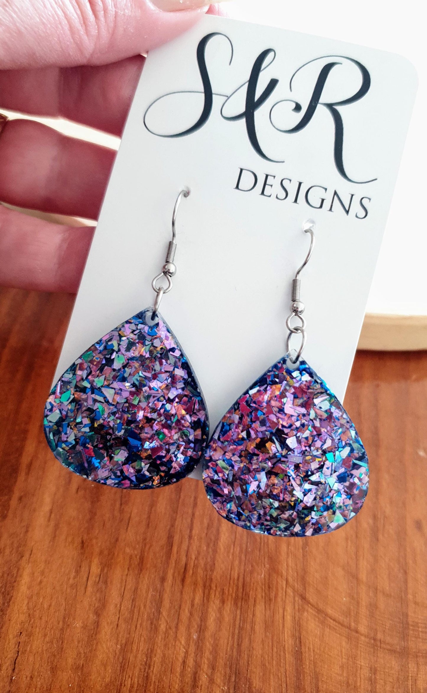 Blue Chameleon Teardrop Earwire Earrings, Glitter Changing from Blues to Pinks, Geometric Dangles, Statement Earrings