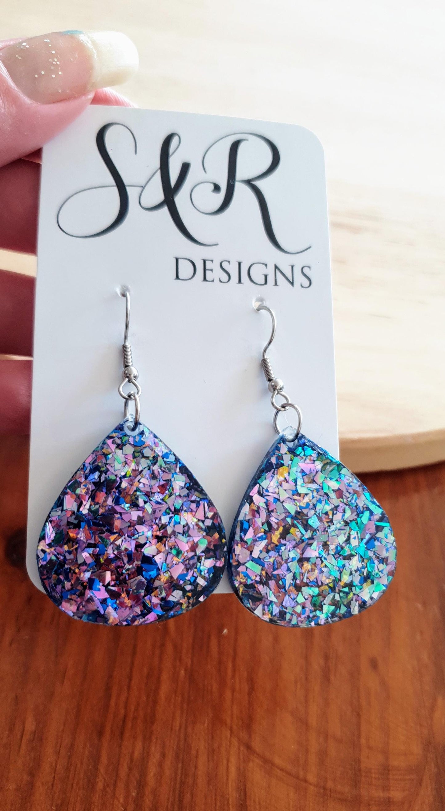 Blue Chameleon Teardrop Earwire Earrings, Glitter Changing from Blues to Pinks, Geometric Dangles, Statement Earrings