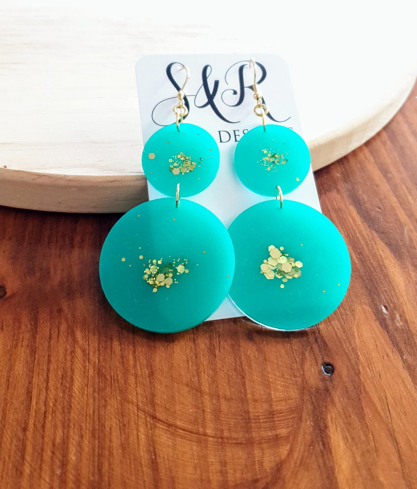 Two Circle Long Earwire Earrings, Statement Teal with a Splash of Gold Glitter Earrings, Bridal Earrings, Bridesmaid, Gold Stainless Steel.