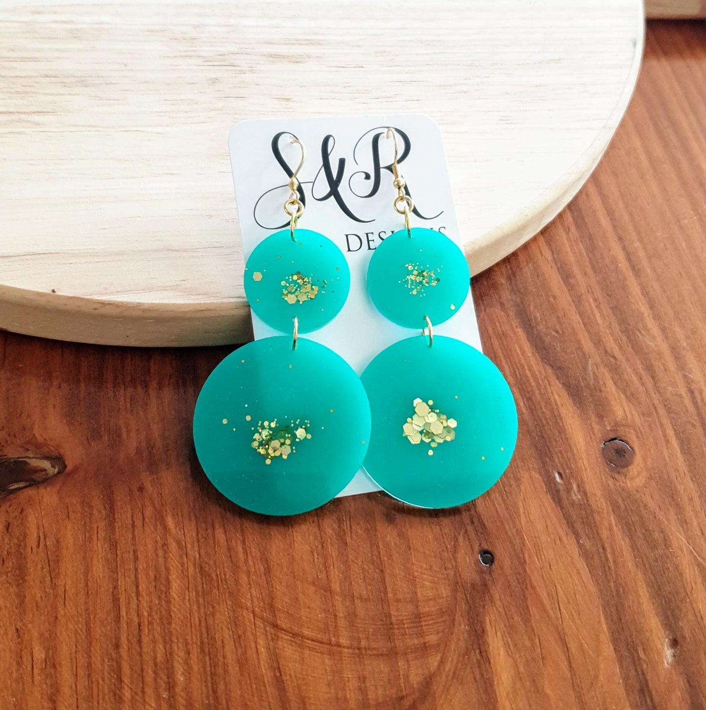 Two Circle Long Earwire Earrings, Statement Teal with a Splash of Gold Glitter Earrings, Bridal Earrings, Bridesmaid, Gold Stainless Steel.