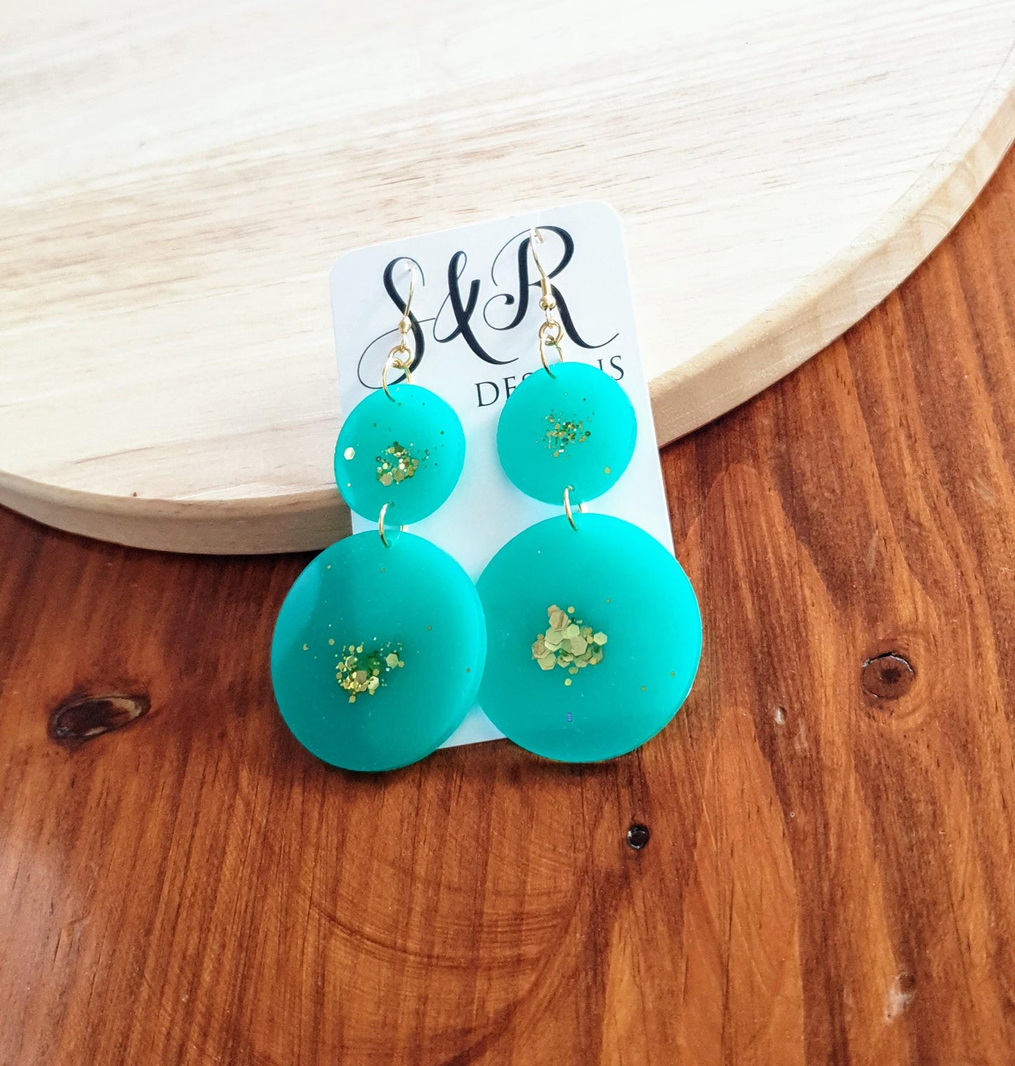 Two Circle Long Earwire Earrings, Statement Teal with a Splash of Gold Glitter Earrings, Bridal Earrings, Bridesmaid, Gold Stainless Steel.