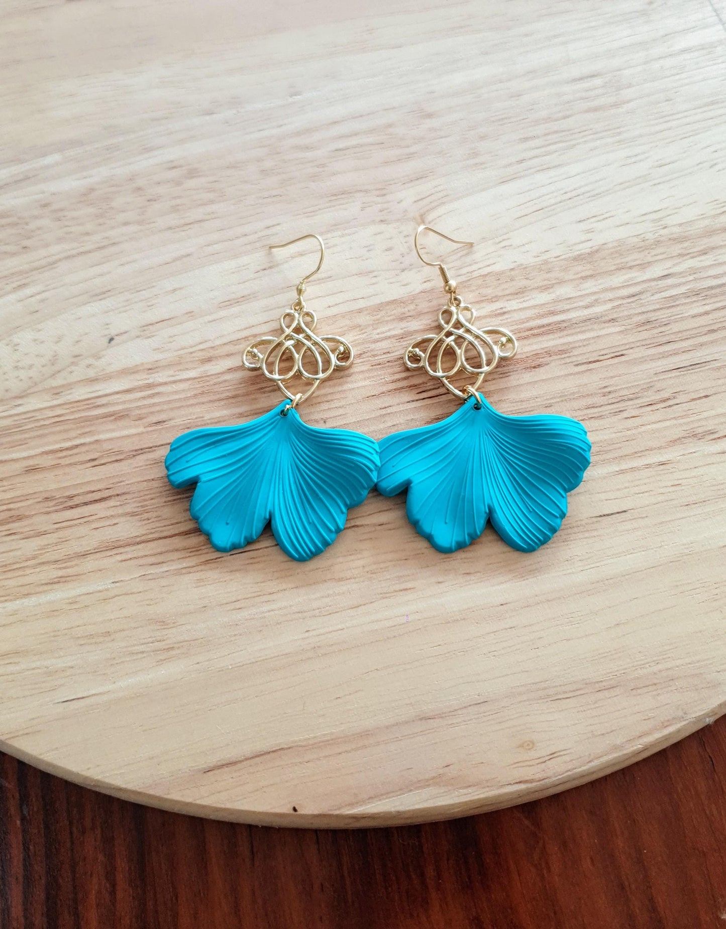 Turquoise Ginkgo Gold Charm Dangle Earrings, Gold drop Earrings, Statement Earrings made with Stainless Steel