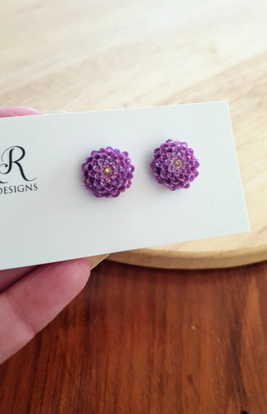 Flower Stud Earrings, Purple Chrysanthemum Flower Studs, Purple mix and Gold Resin, Stainless Steel Earrings