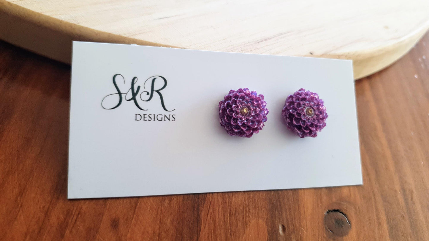 Flower Stud Earrings, Purple Chrysanthemum Flower Studs, Purple mix and Gold Resin, Stainless Steel Earrings