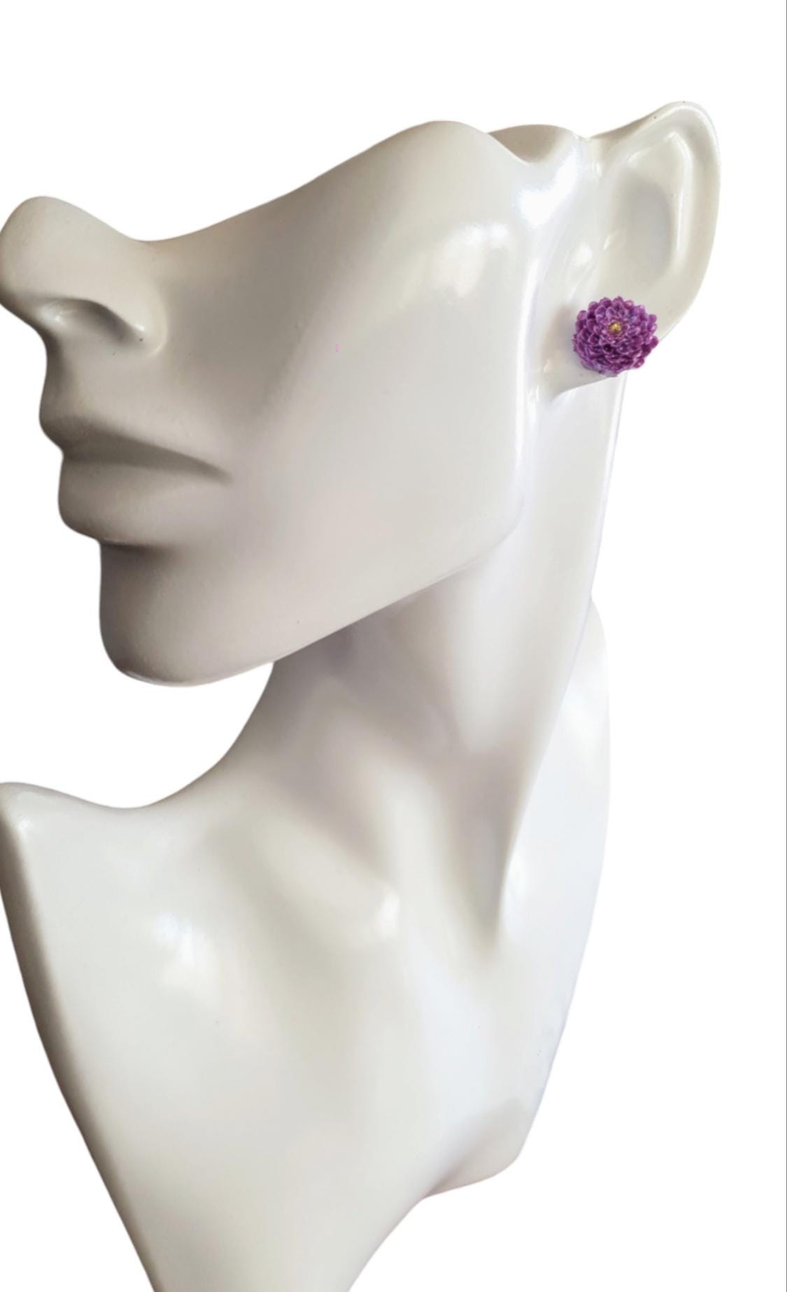 Flower Stud Earrings, Purple Chrysanthemum Flower Studs, Purple mix and Gold Resin, Stainless Steel Earrings