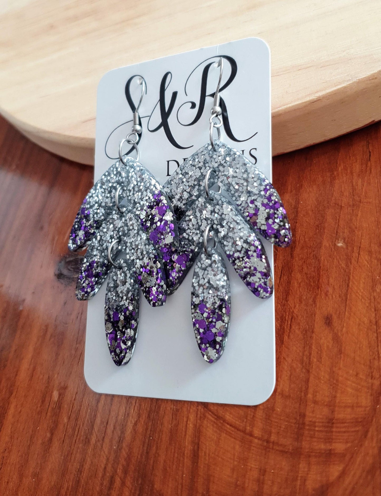Statement Leaves Long Drop Hook Earrings. Purple Silver Glitter Resin Dangles, Stunning Chandelier Earwire Dangles