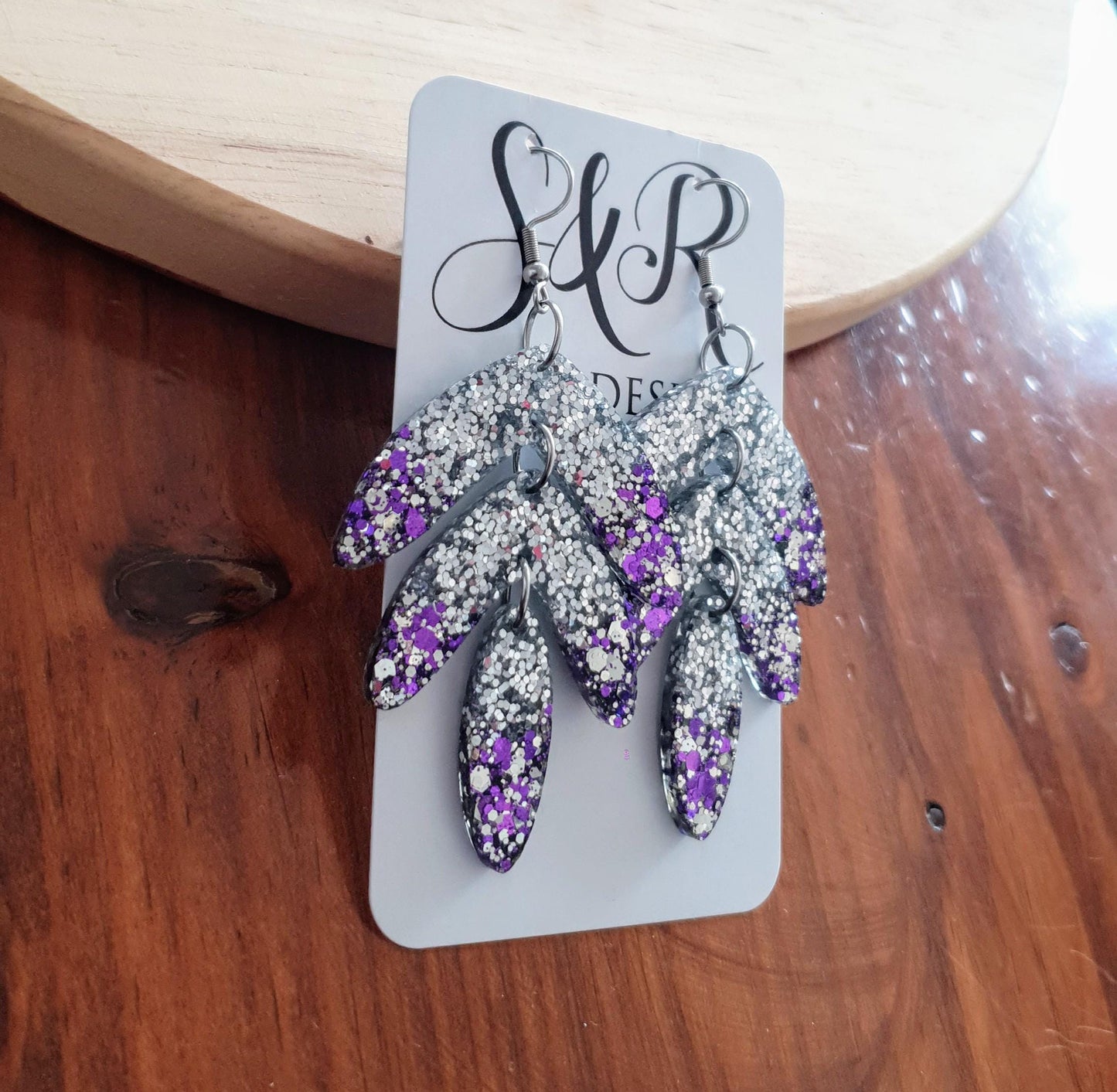 Statement Leaves Long Drop Hook Earrings. Purple Silver Glitter Resin Dangles, Stunning Chandelier Earwire Dangles