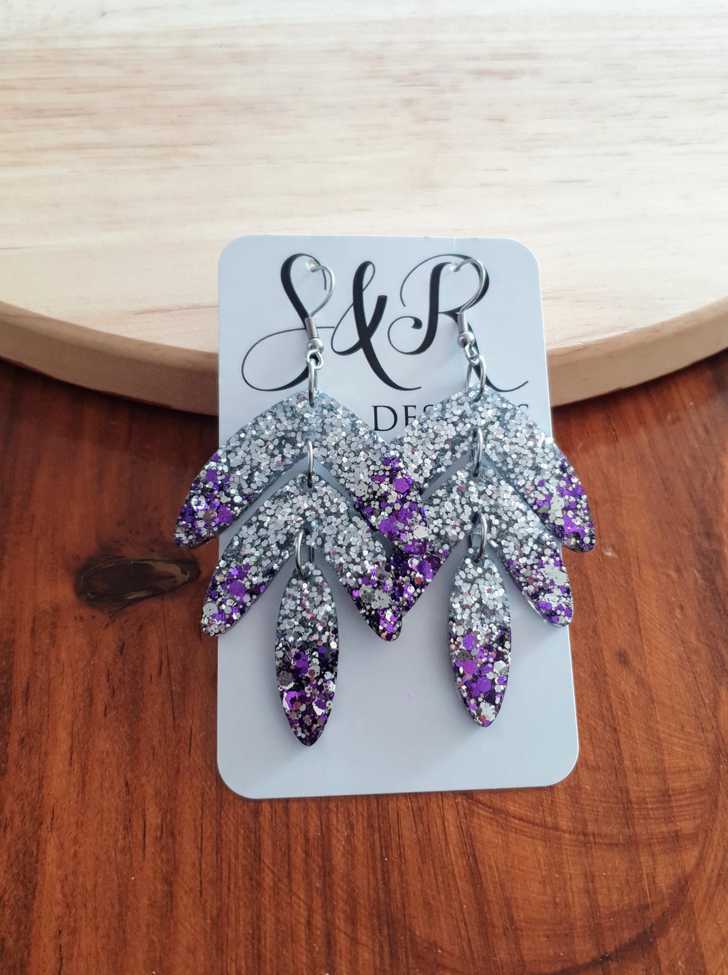 Statement Leaves Long Drop Hook Earrings. Purple Silver Glitter Resin Dangles, Stunning Chandelier Earwire Dangles