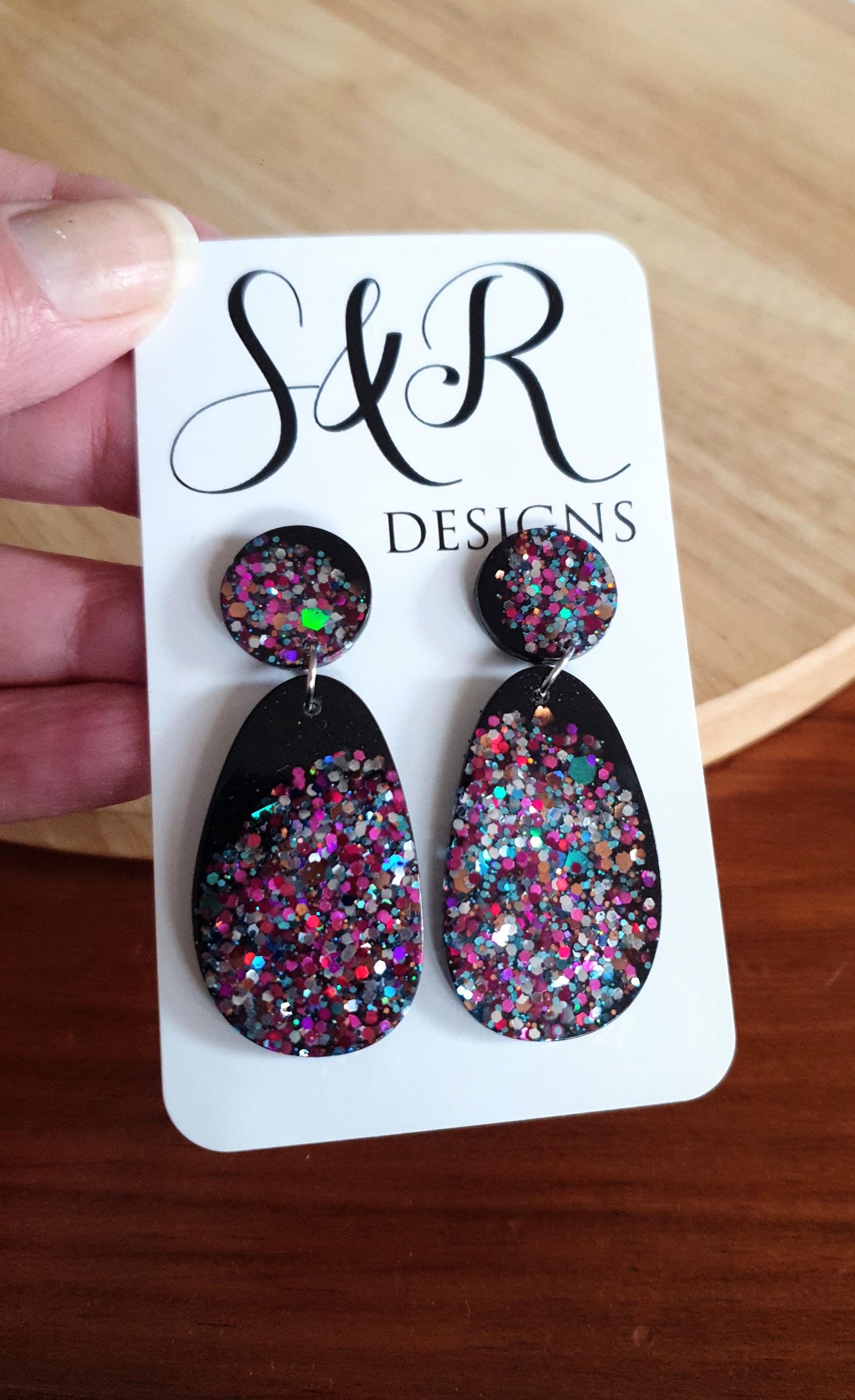 Black Multicoloured Oval Organic Shape Drop Earrings, Black and Multicoloured Glitter, Resin Handmade, Stainless Steel. Personalised Gift
