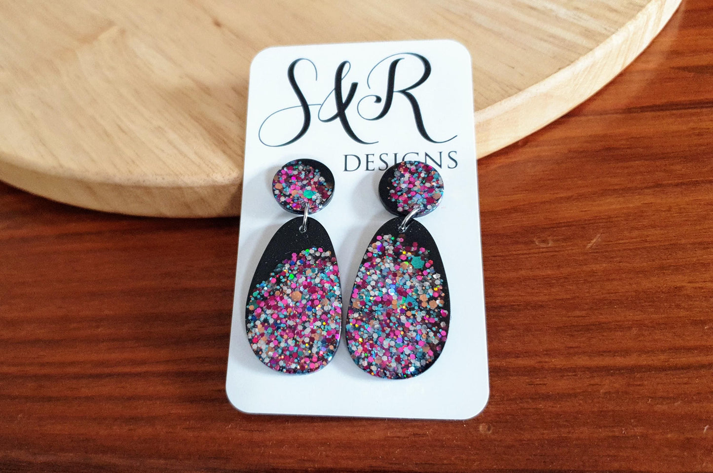 Black Multicoloured Oval Organic Shape Drop Earrings, Black and Multicoloured Glitter, Resin Handmade, Stainless Steel. Personalised Gift