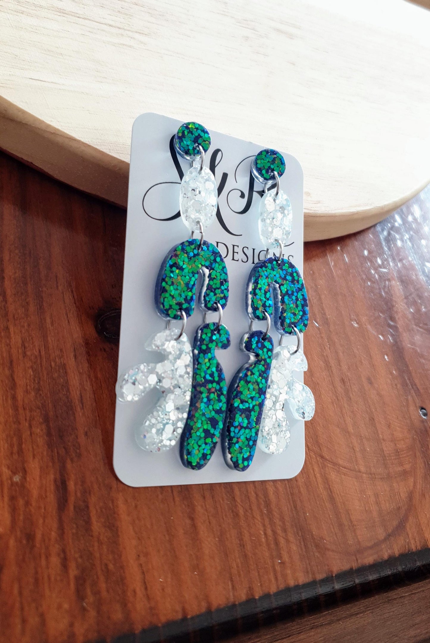Unique Multicoloured Multi Shape Dangle Long Drop Earrings, Blue Green Chameleon White Glass  Mix Glitter, Statement Handmade Resin Earrings