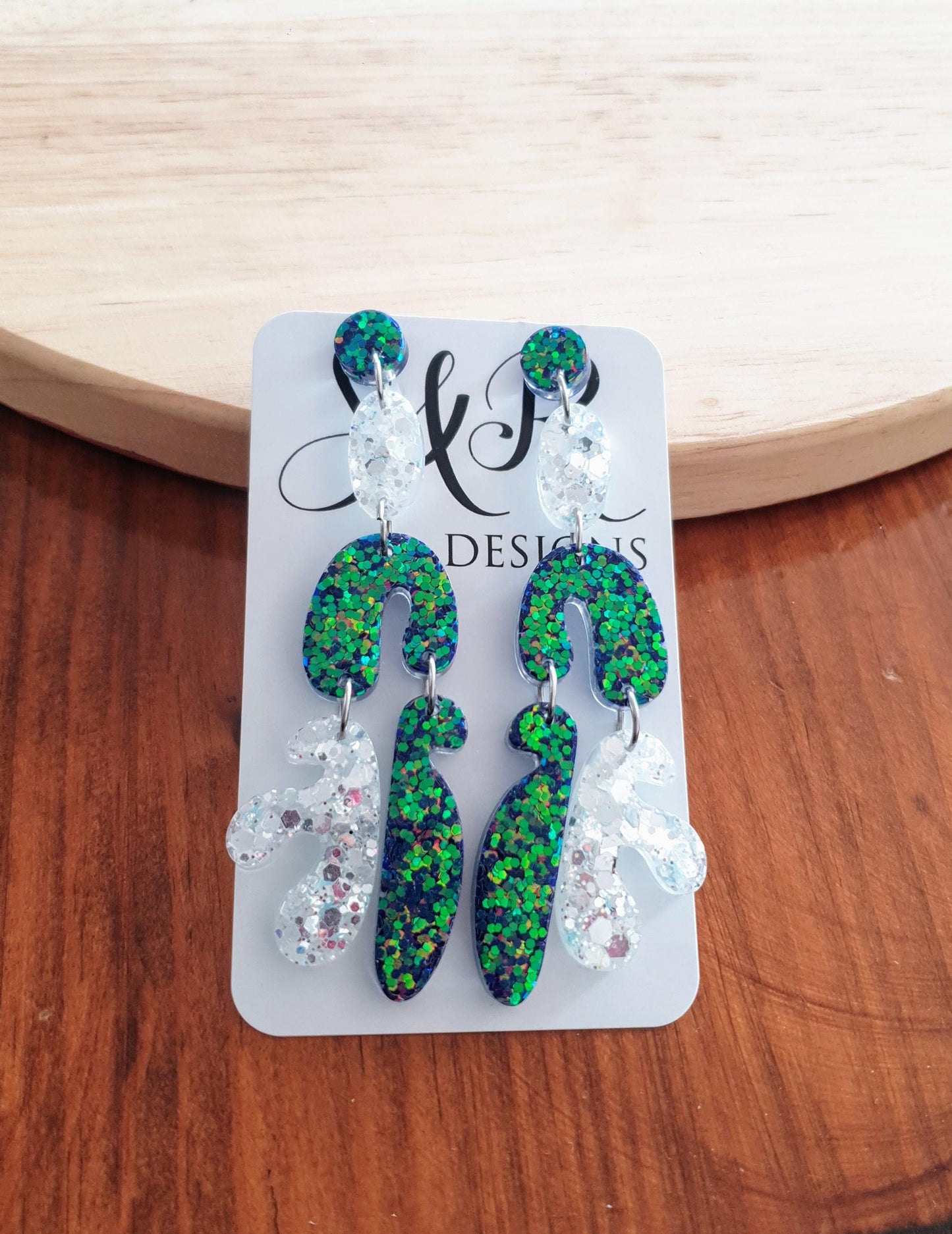 Unique Multicoloured Multi Shape Dangle Long Drop Earrings, Blue Green Chameleon White Glass  Mix Glitter, Statement Handmade Resin Earrings
