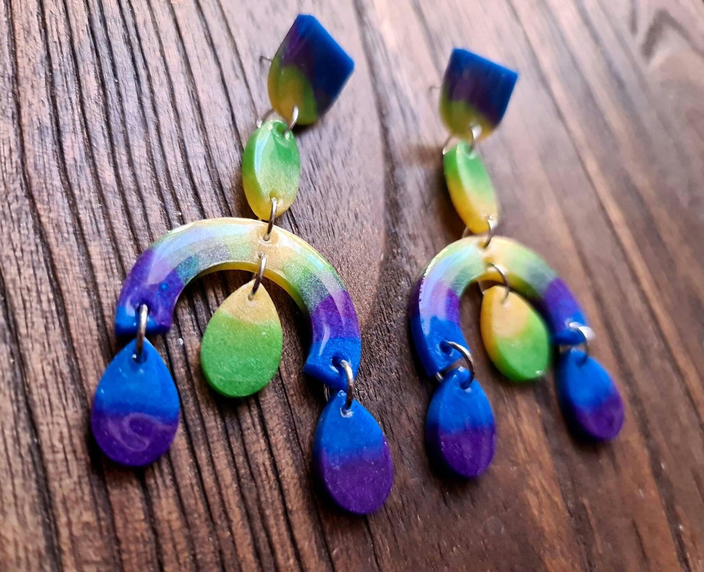 Large Oversized Multicoloured Chandelier Dangle Earrings, Blue, Purple, Green, Yellow Dangles, Statement Long Glitter Earrings