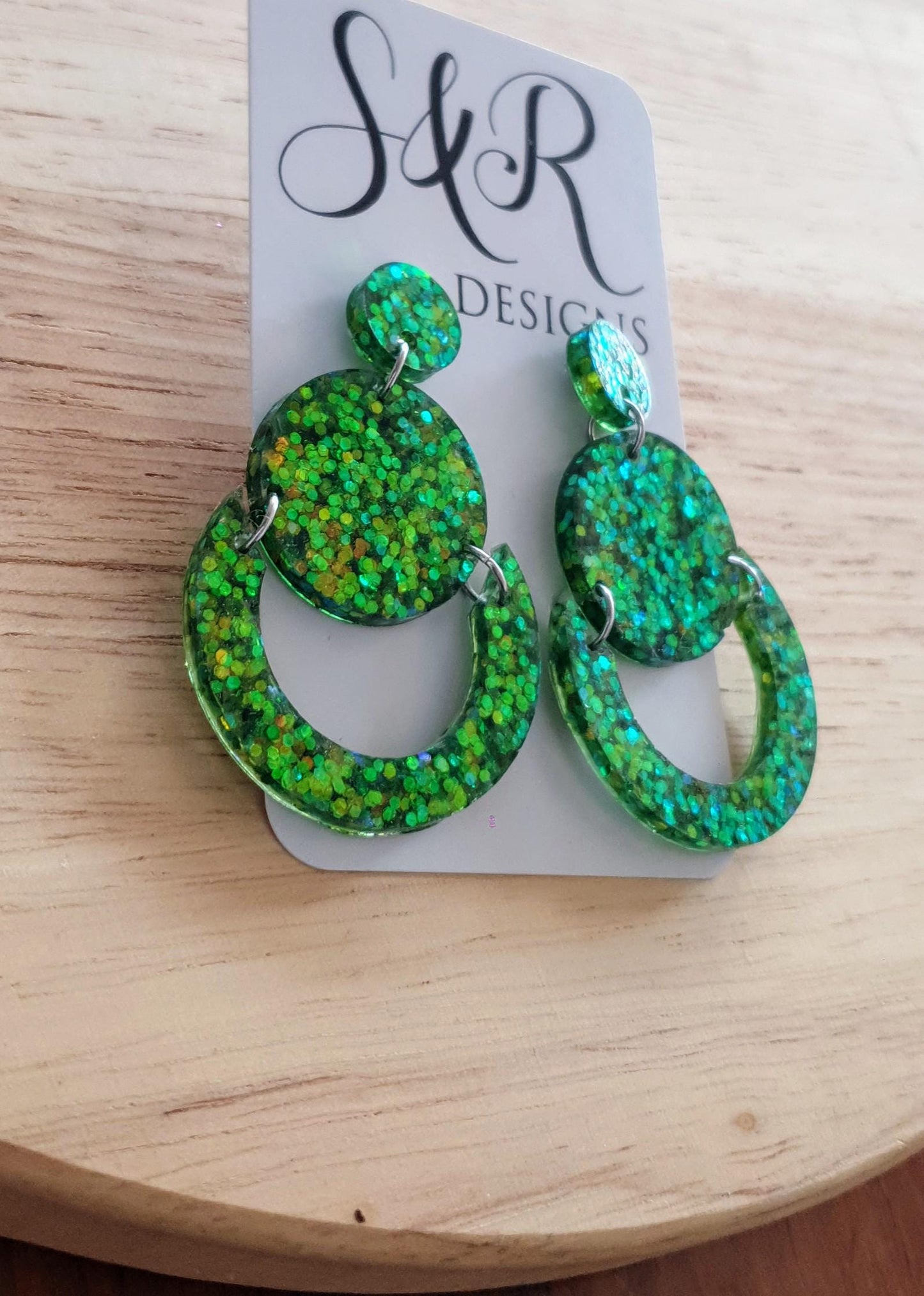 Green Gold Circle Dangle Drop Earrings, Glitter Circle Geometric Dangles, Statement Earrings
