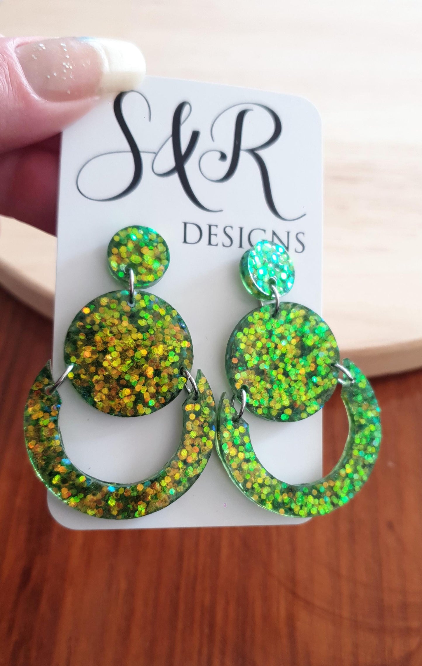 Green Gold Circle Dangle Drop Earrings, Glitter Circle Geometric Dangles, Statement Earrings
