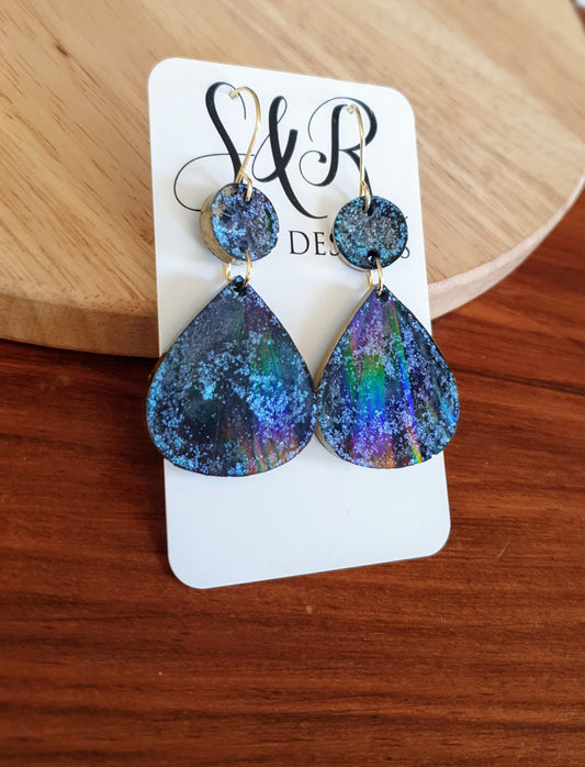 Blue Ink Holographic Teardrop Long Gold Hook Earrings, Purple,  Resin Dangles, Stainless Steel Earrings, Statement Earrings