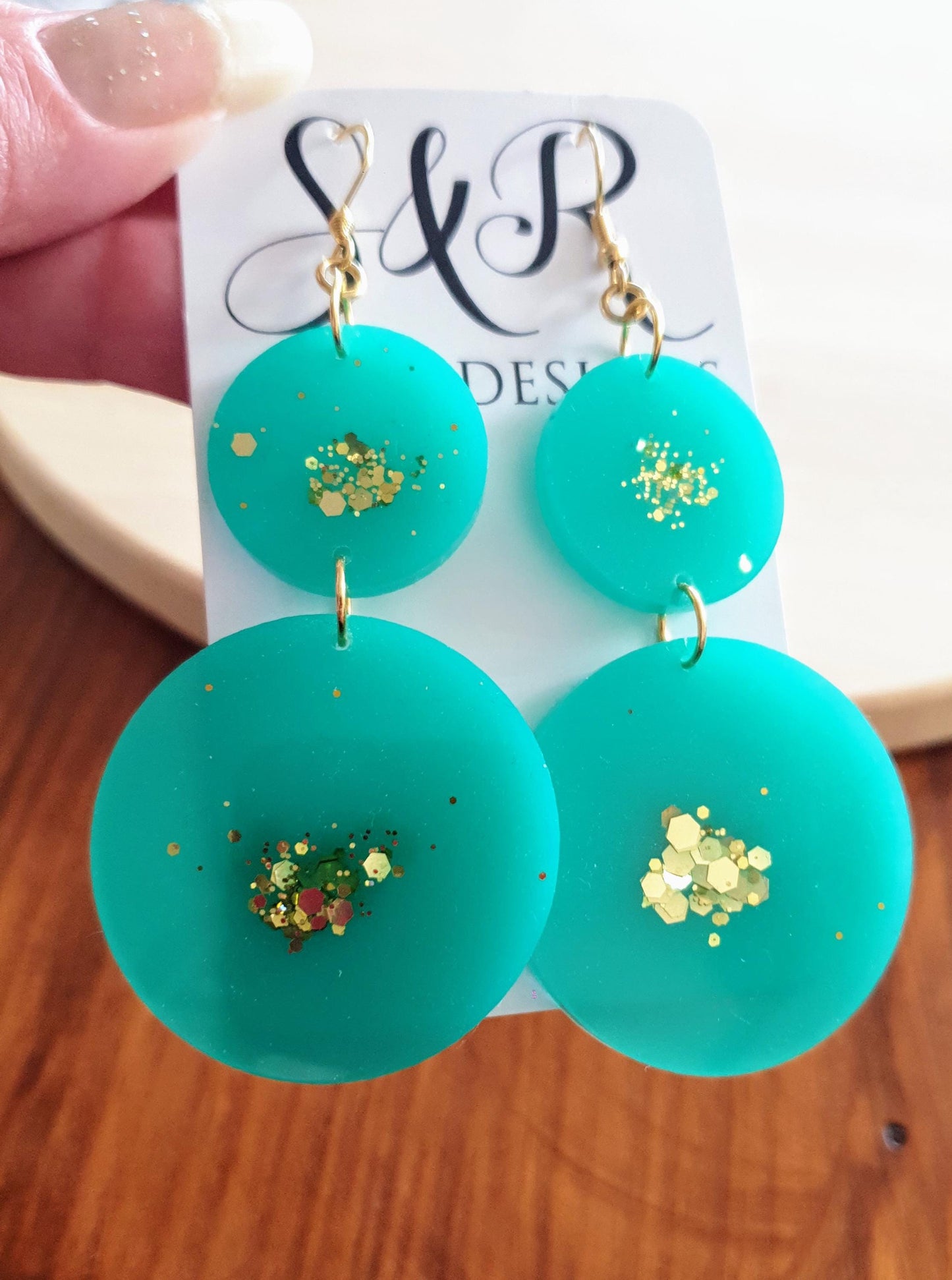 Two Circle Long Earwire Earrings, Statement Teal with a Splash of Gold Glitter Earrings, Bridal Earrings, Bridesmaid, Gold Stainless Steel.