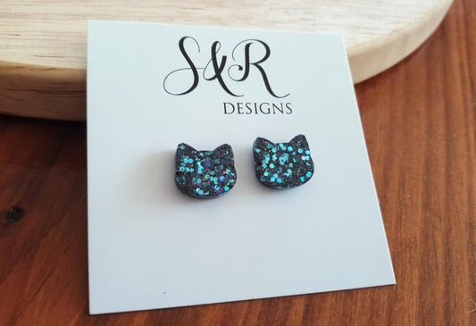 Design your own Cat Earrings, Cat Resin Stud Earrings, Cat Glitter Earrings made with Stainless Steel Clip On or Studs. Choose your colour/s