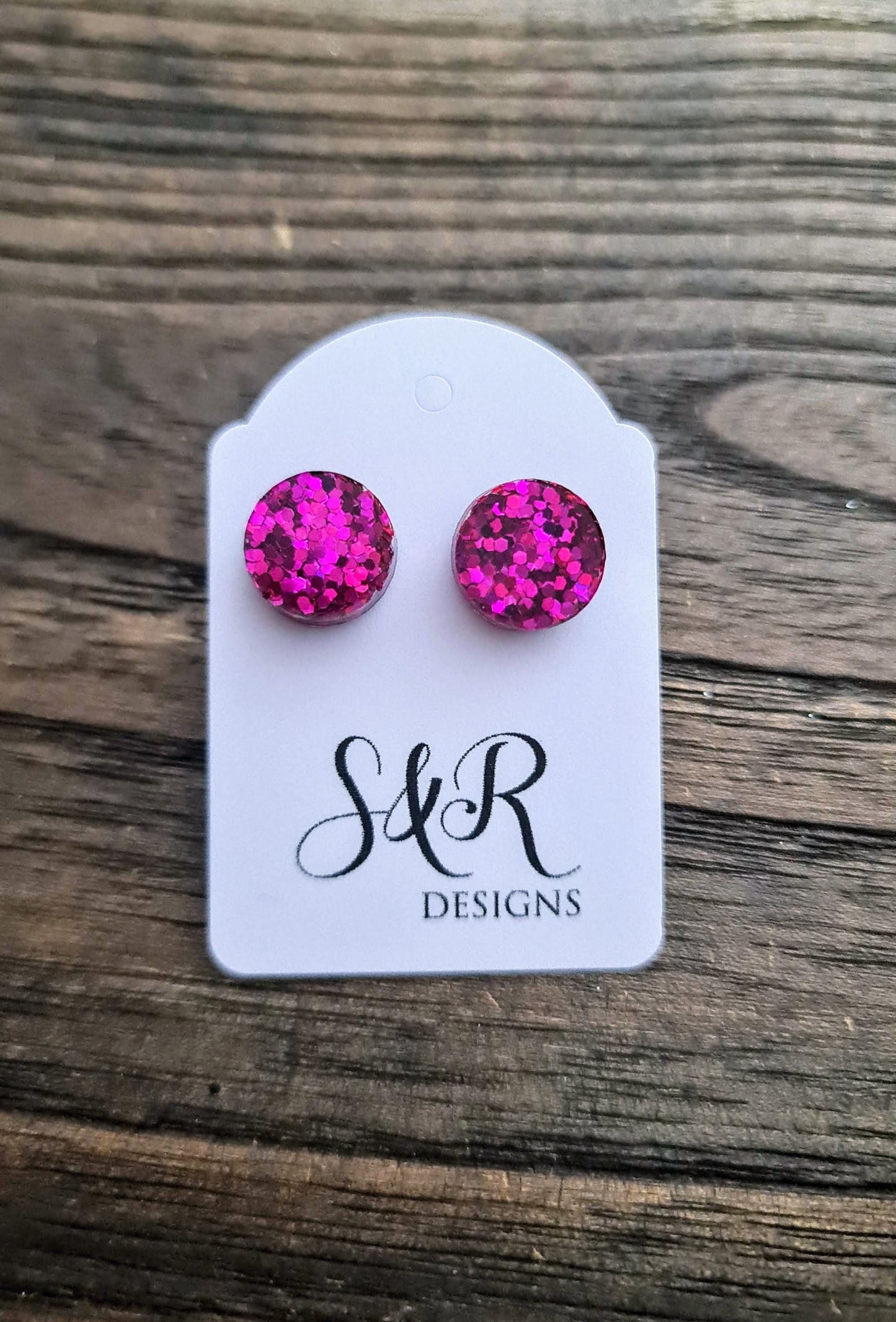 Circle Dot Resin Stud Earrings, Hot Pink Glitter Earrings. Stainless Steel Stud Earrings. 15mm, 12mm, 10mm or 8mm