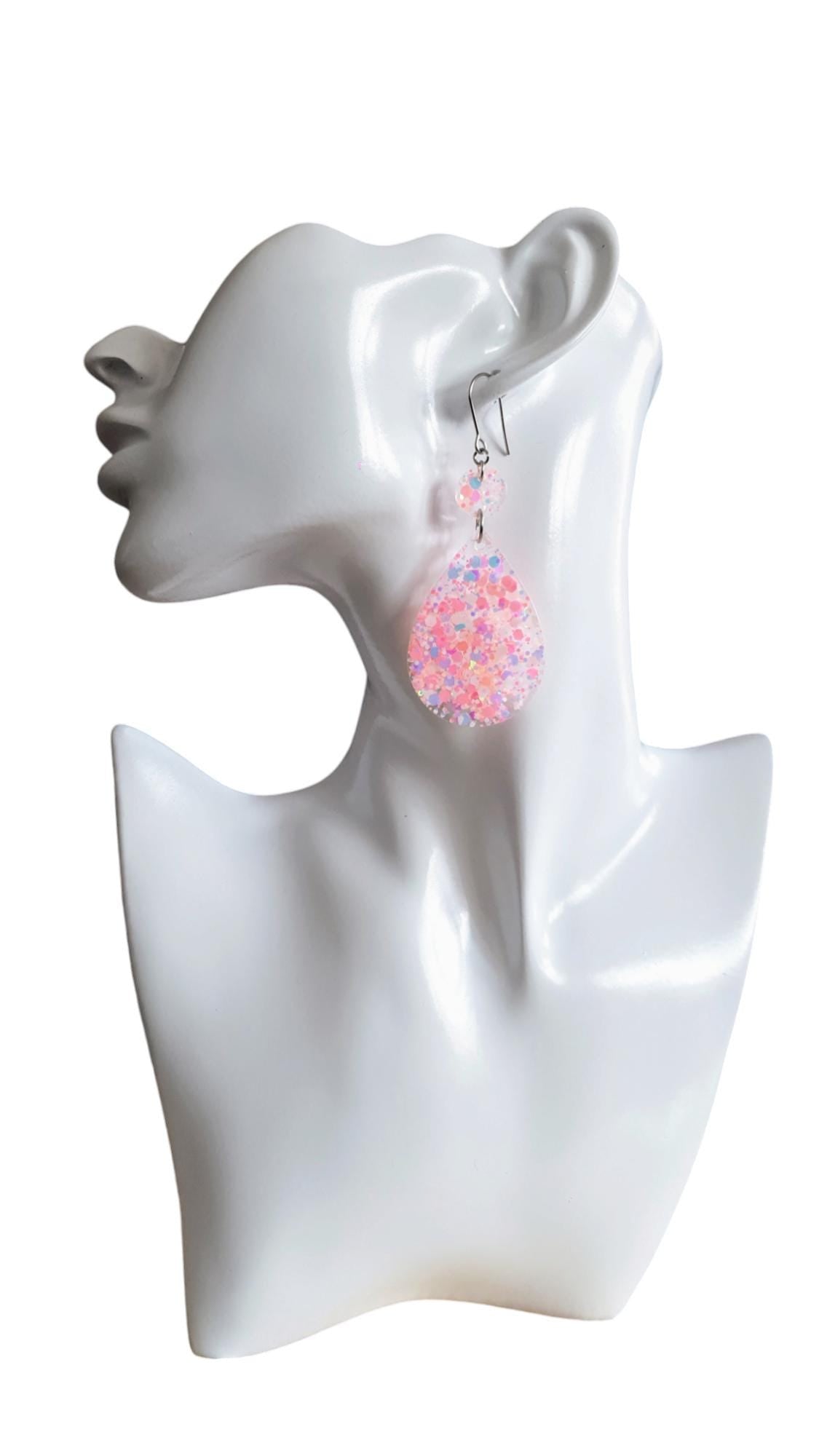 Teardrops Peach Pink Glitter Earrings, Very Light Peach Pink with Holographic Glitter Resin, Stainless Steel, Statement Earrings