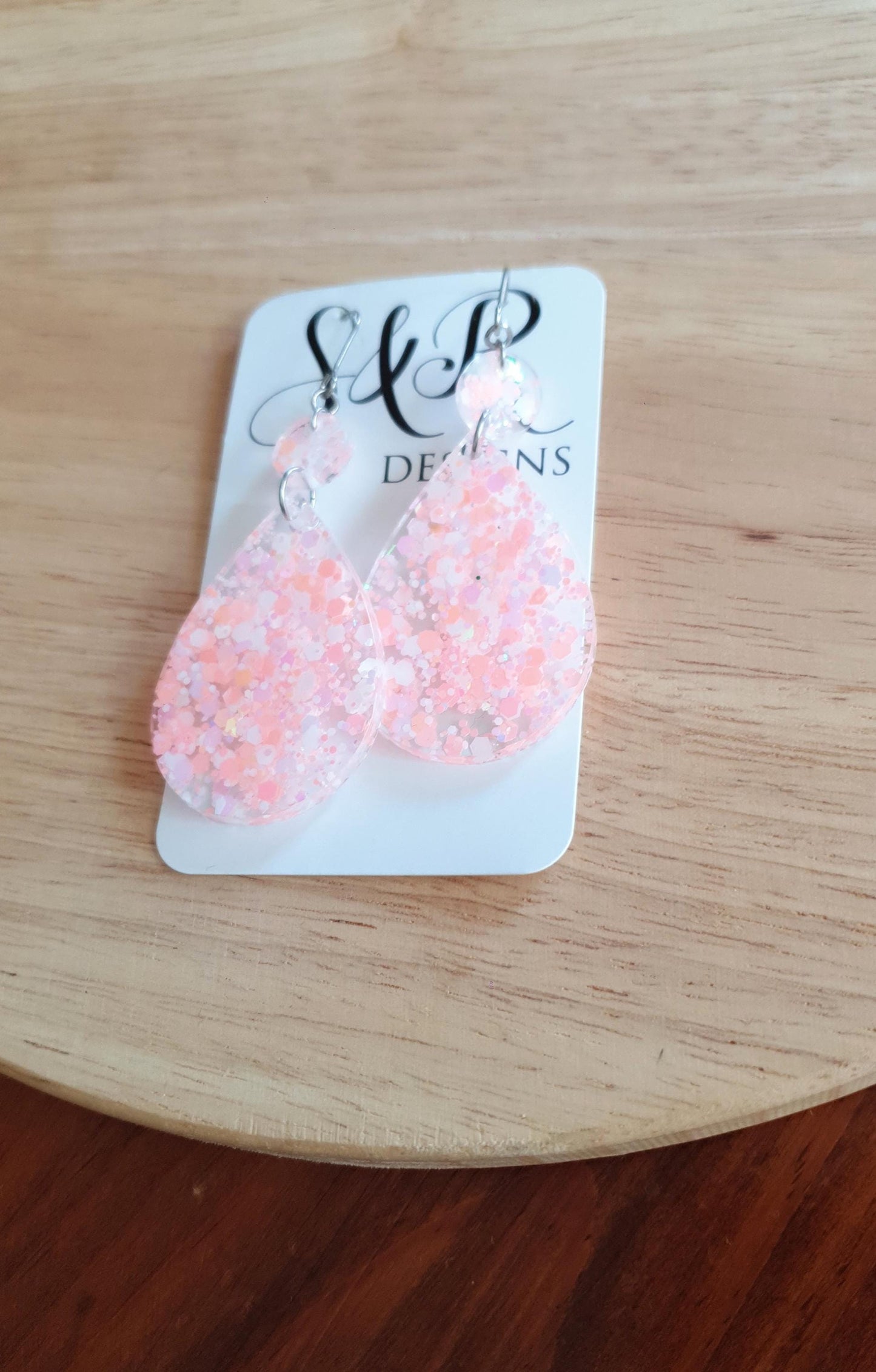 Teardrops Peach Pink Glitter Earrings, Very Light Peach Pink with Holographic Glitter Resin, Stainless Steel, Statement Earrings