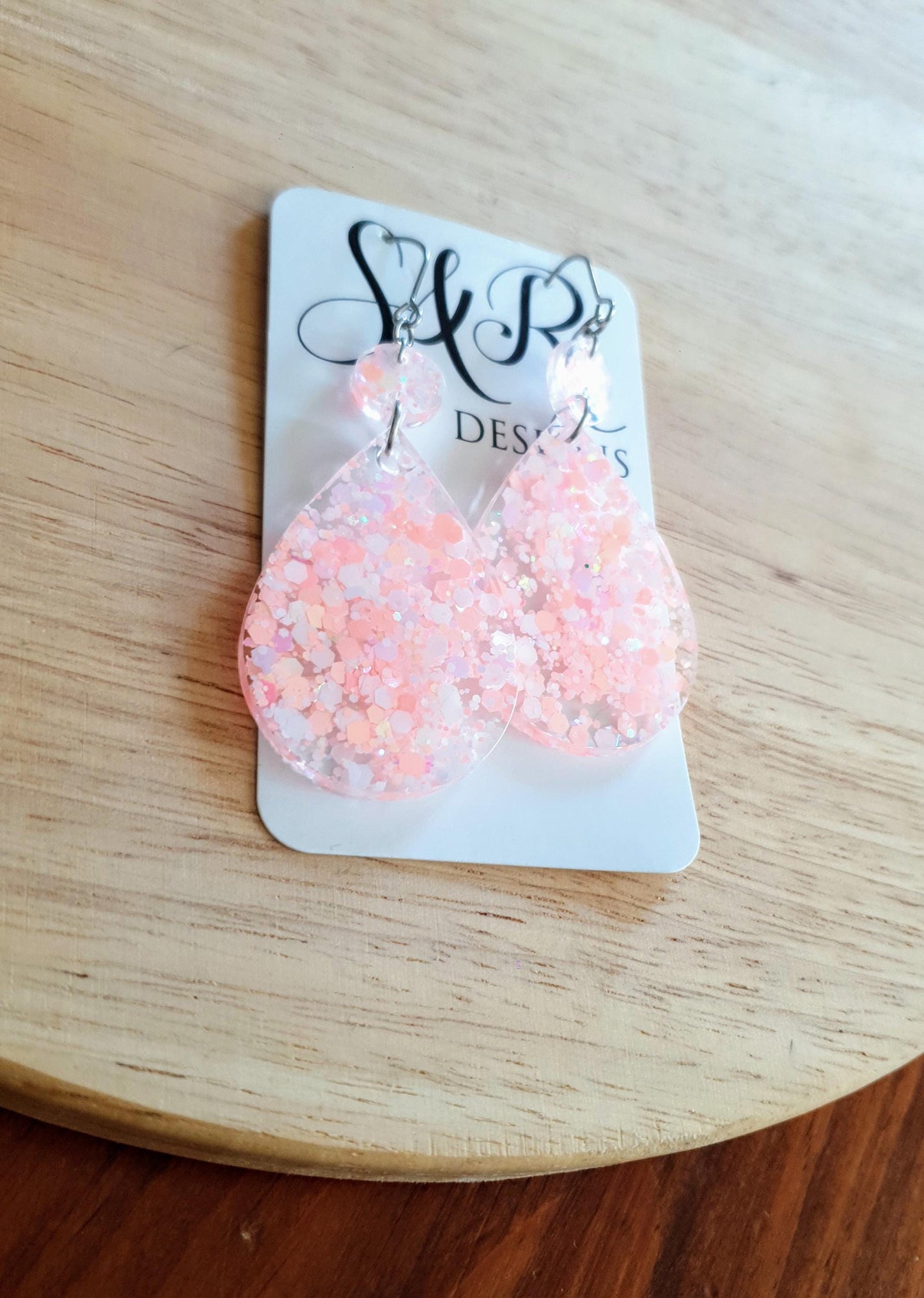Teardrops Peach Pink Glitter Earrings, Very Light Peach Pink with Holographic Glitter Resin, Stainless Steel, Statement Earrings