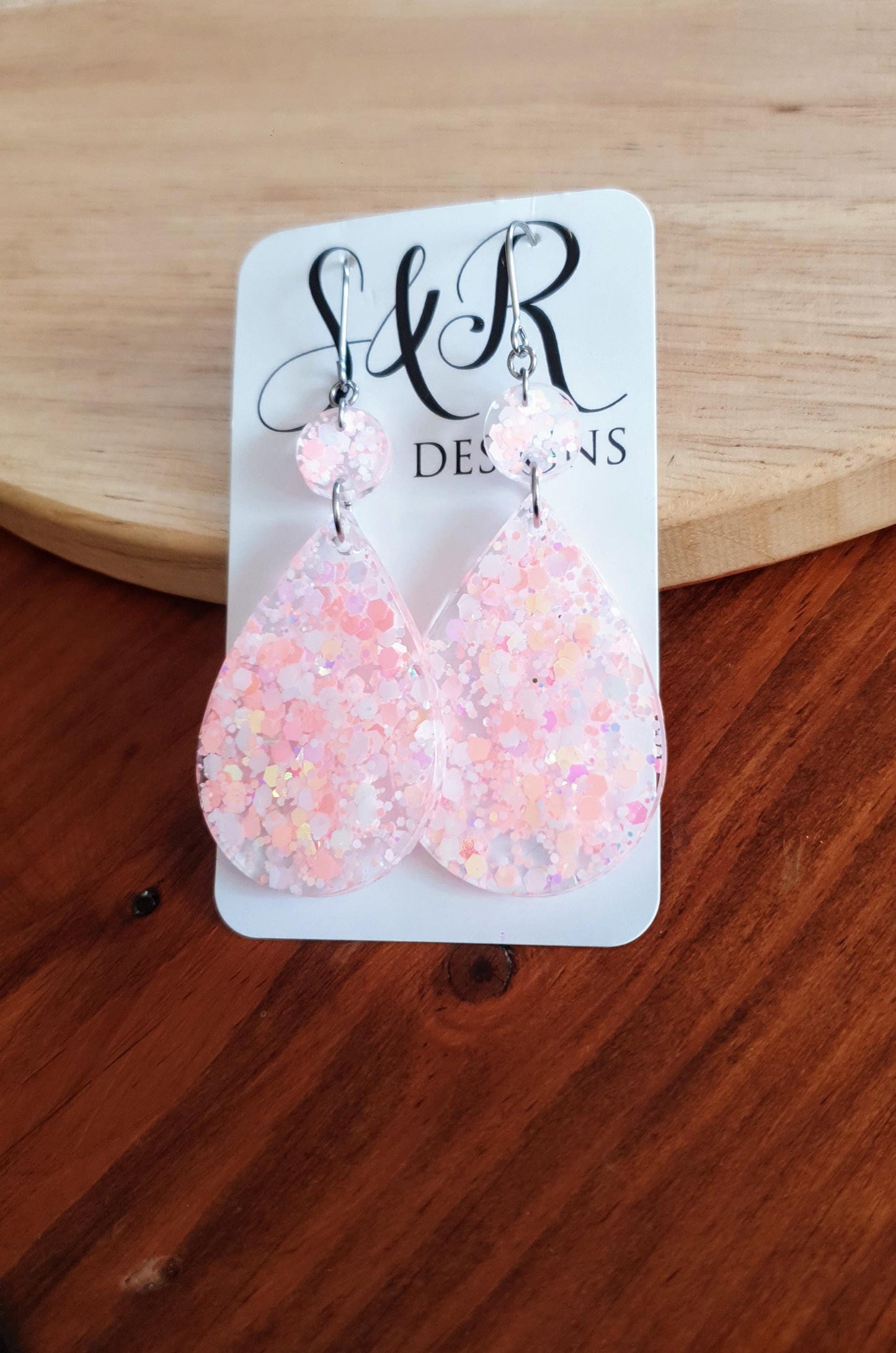 Teardrops Peach Pink Glitter Earrings, Very Light Peach Pink with Holographic Glitter Resin, Stainless Steel, Statement Earrings