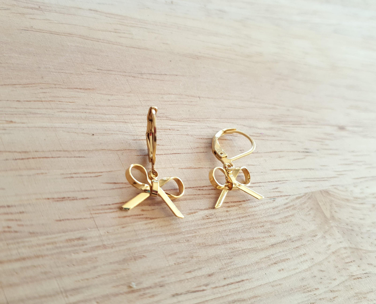 Gold Bow Leverback Earrings, Minimalist Bows Drop Earrings, Gold Stainless Steel Dangle Drops, Choose Leverback, Hoops or  Hook Earwire.