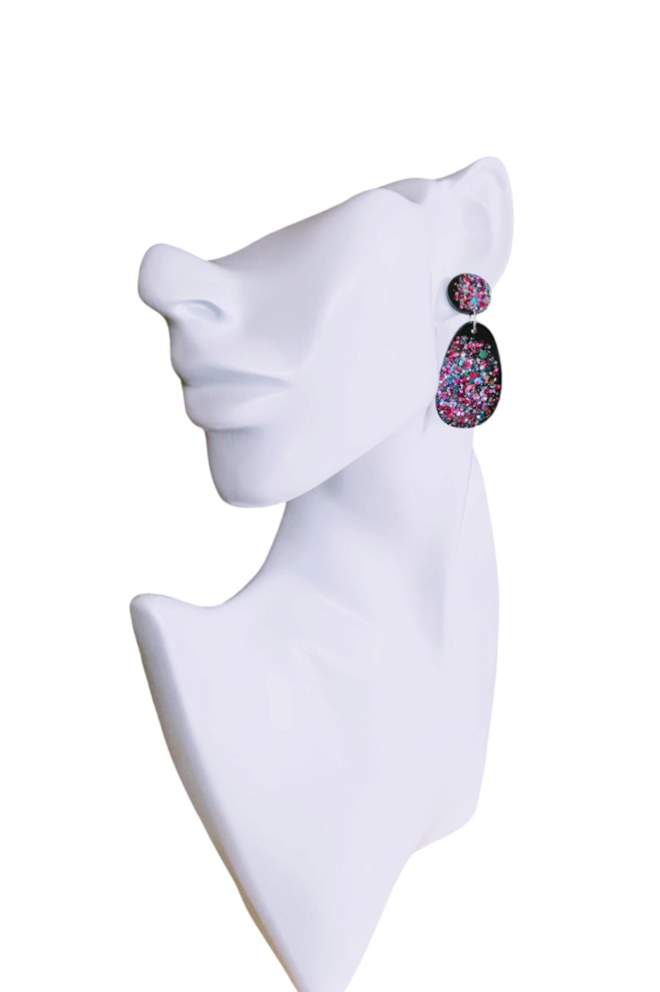 Black Multicoloured Oval Organic Shape Drop Earrings, Black and Multicoloured Glitter, Resin Handmade, Stainless Steel. Personalised Gift