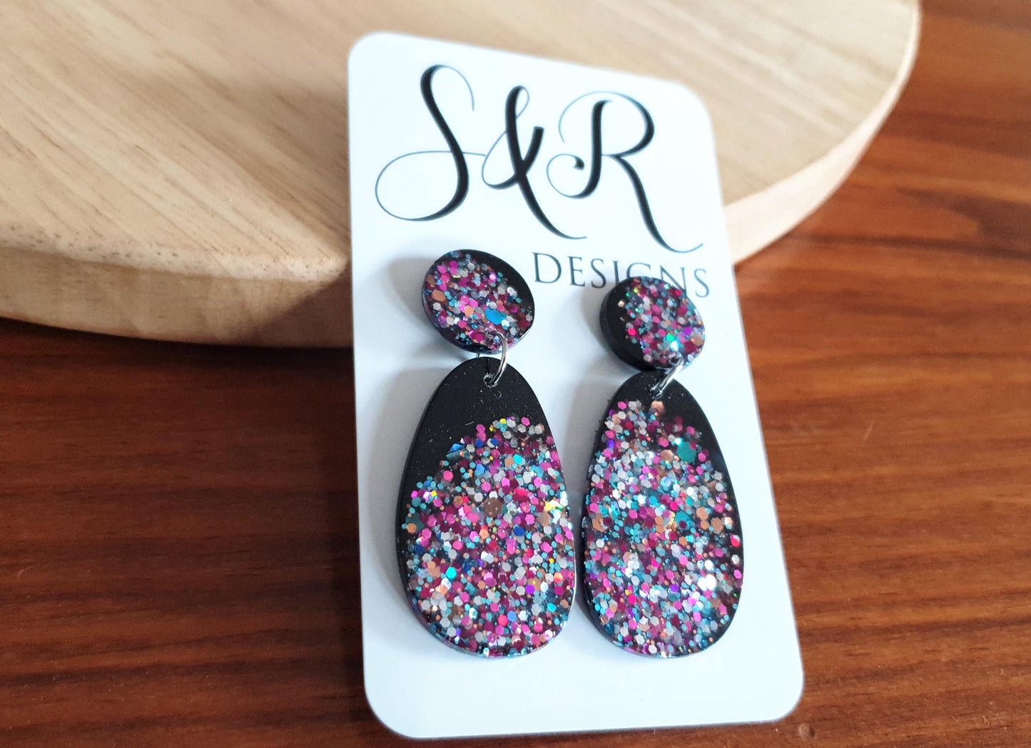 Black Multicoloured Oval Organic Shape Drop Earrings, Black and Multicoloured Glitter, Resin Handmade, Stainless Steel. Personalised Gift