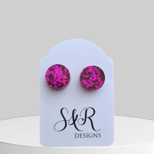 Circle Dot Resin Stud Earrings, Hot Pink Glitter Earrings. Stainless Steel Stud Earrings. 15mm, 12mm, 10mm or 8mm