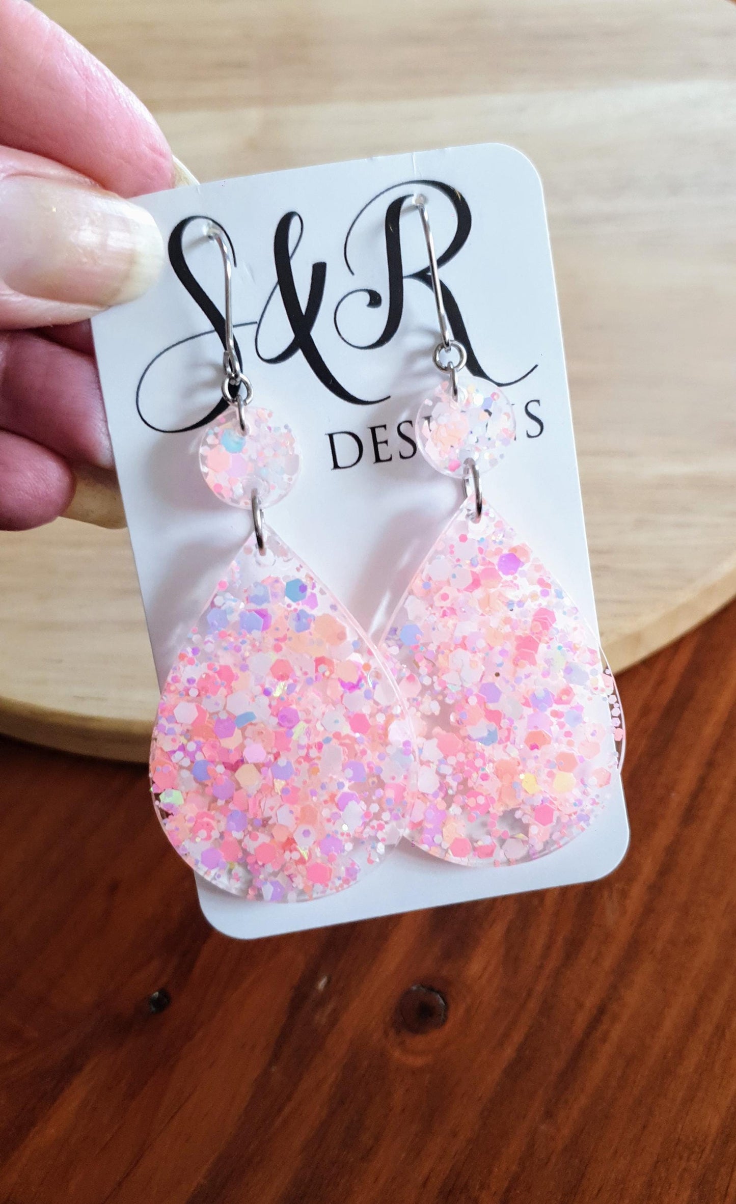 Teardrops Peach Pink Glitter Earrings, Very Light Peach Pink with Holographic Glitter Resin, Stainless Steel, Statement Earrings