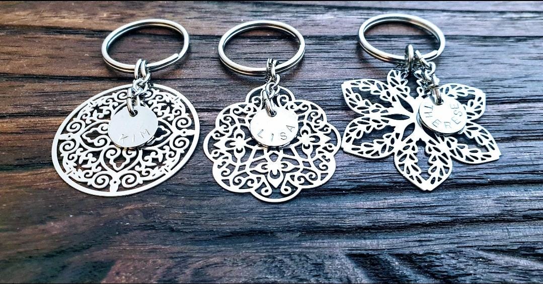 Flower Keyring, Filigree Personalised Hand Stamped Key Ring Stainless Steel, Gift