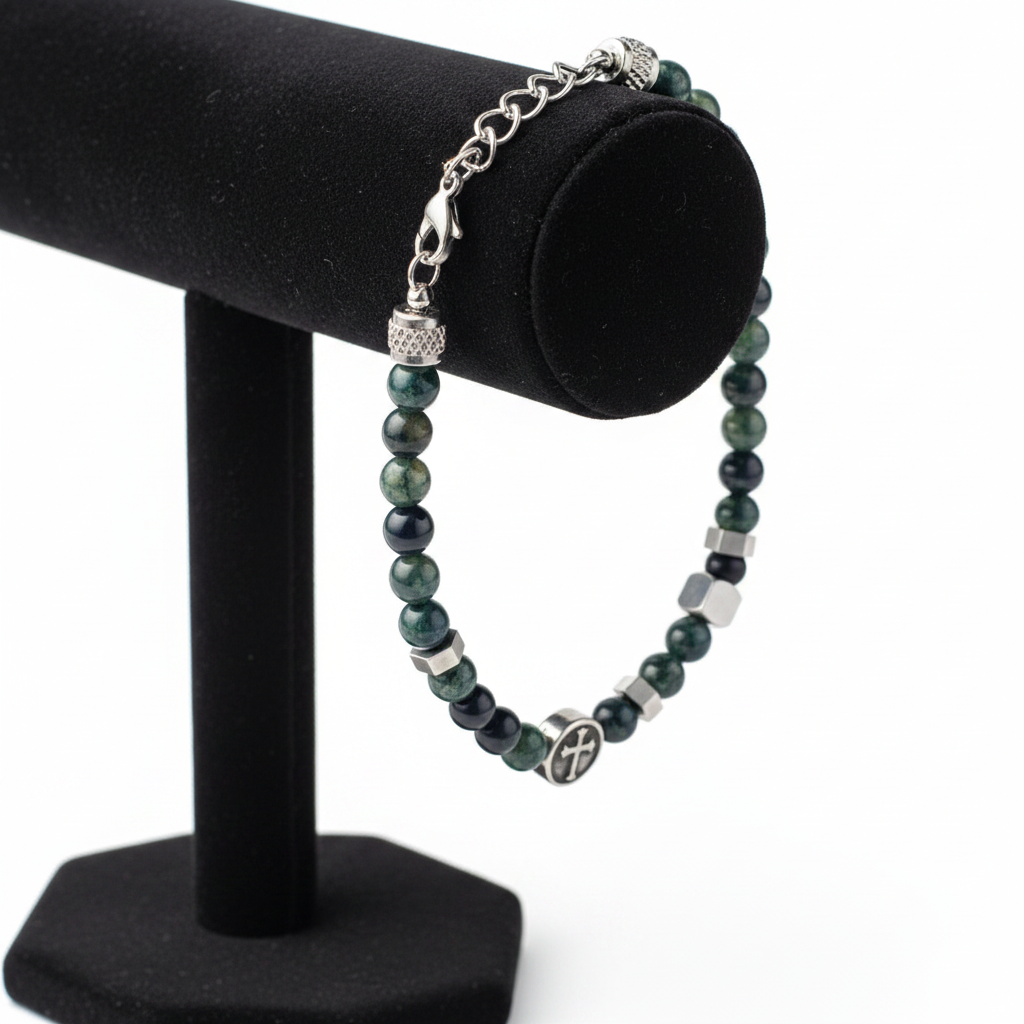 Shiny Bead and Matte black Agate Bead Bracelet with Stainless Steel Details