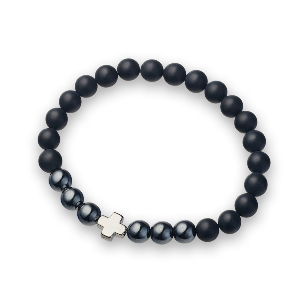 Stainless Steel Black Onyx Bracelet with Cross Charm