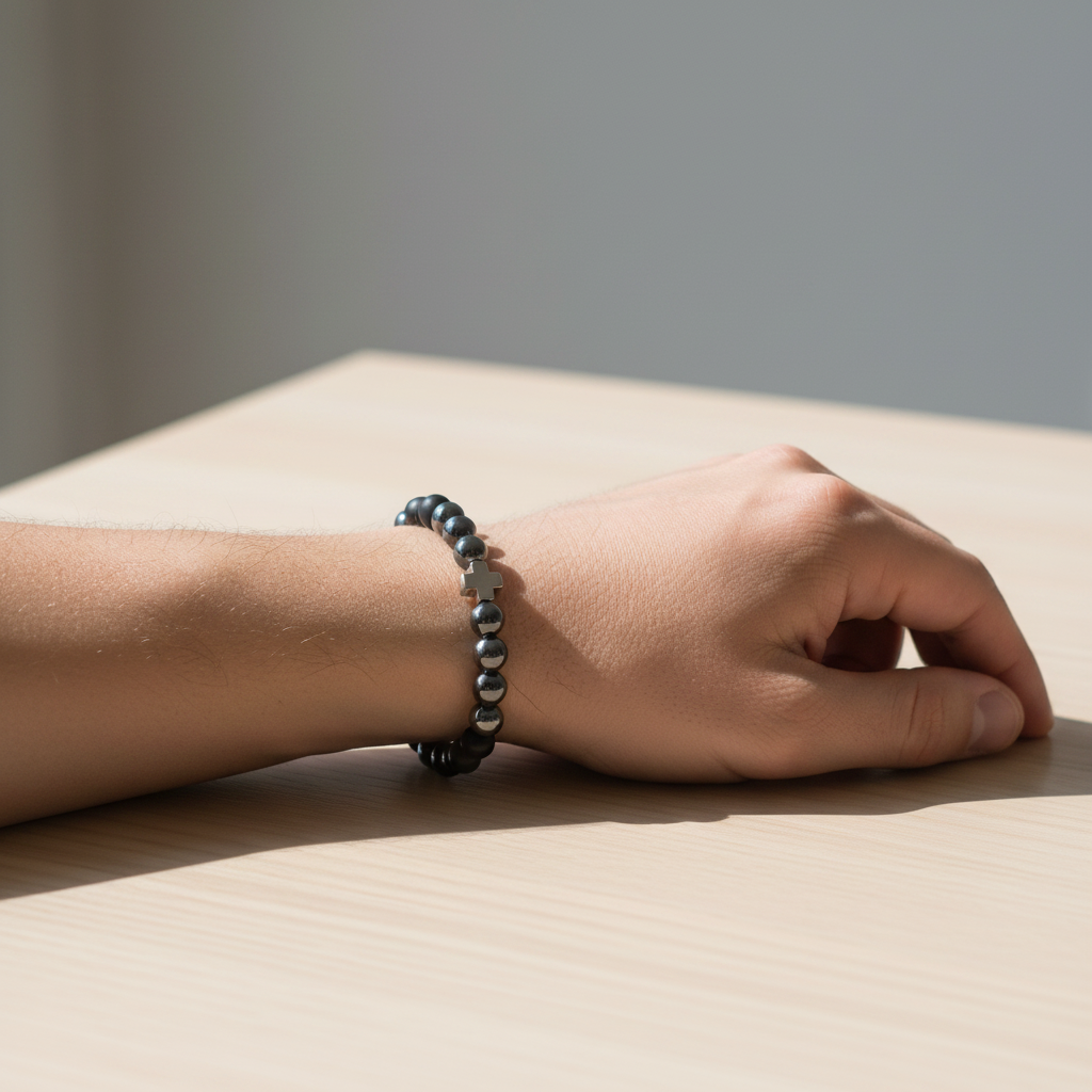 Stainless Steel Black Onyx Bracelet with Cross Charm