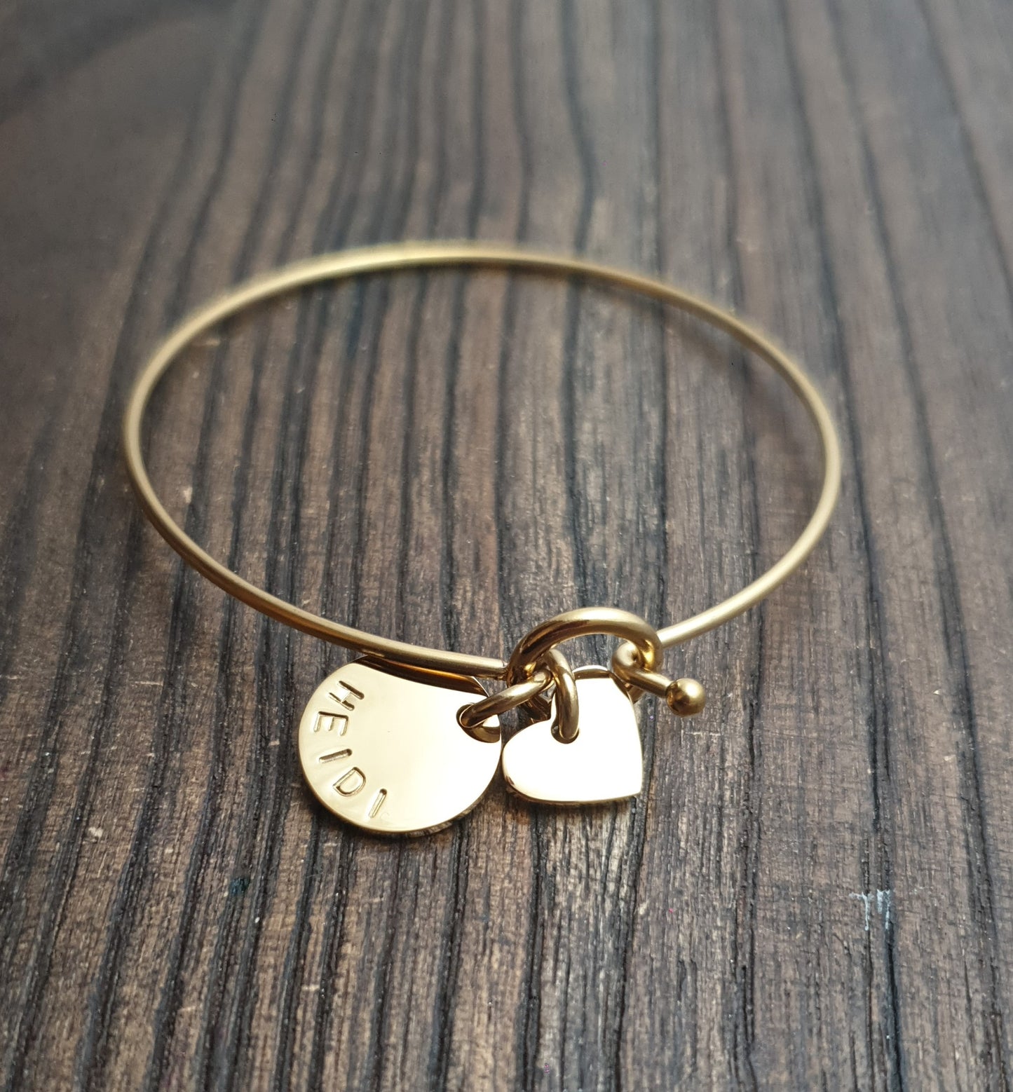 Personalised Hand Stamped Bangle with Puffy Heart Charm, Personalised Disc